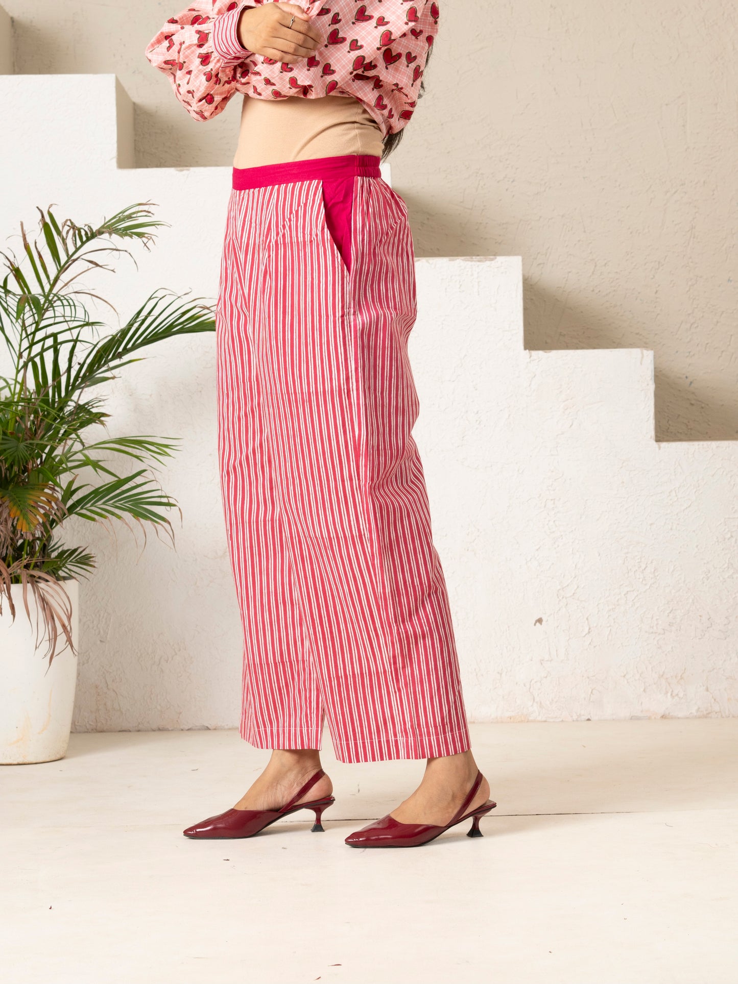 Hand Block Printed Pink Stripe Pants