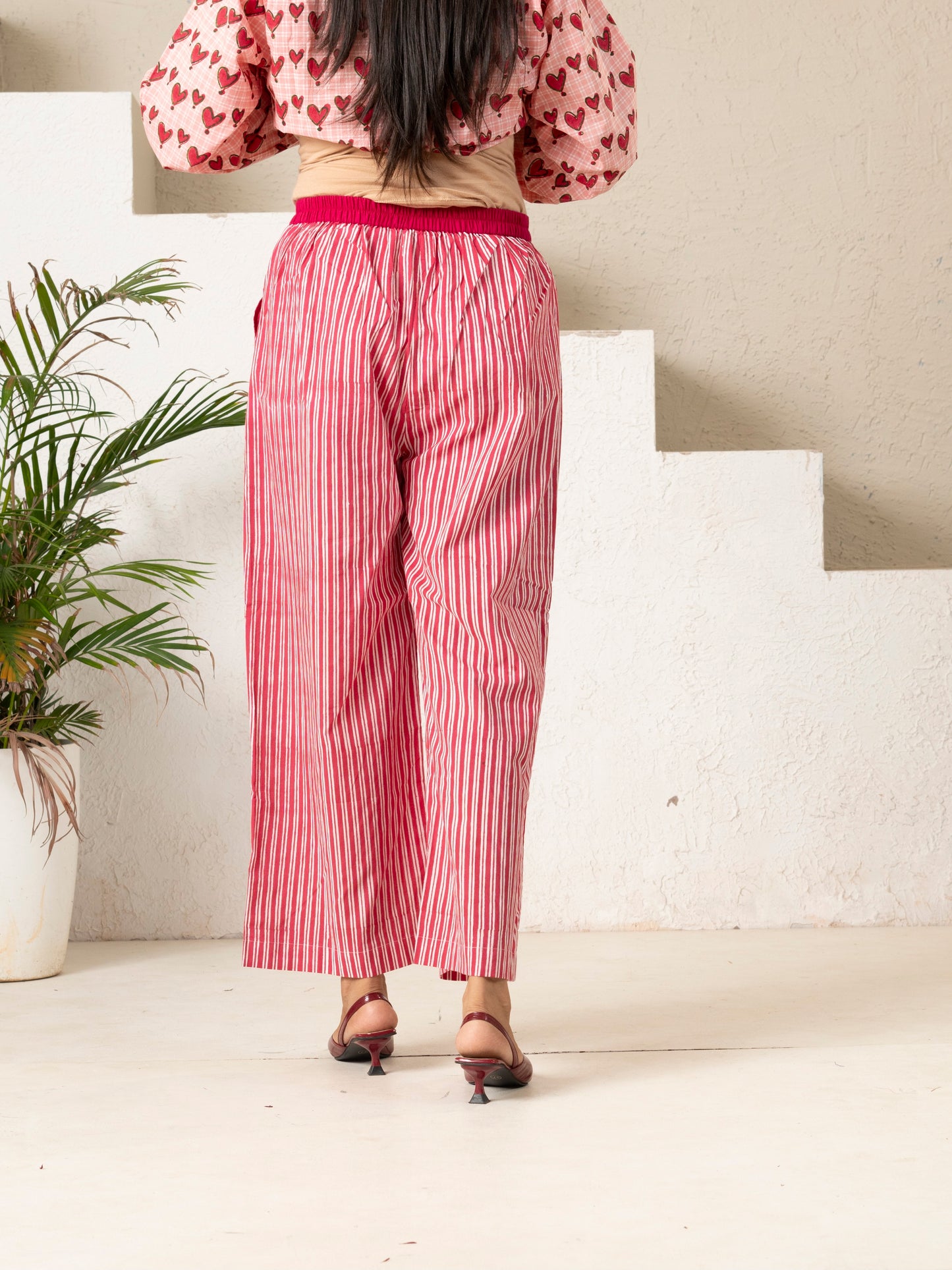 Hand Block Printed Pink Stripe Pants