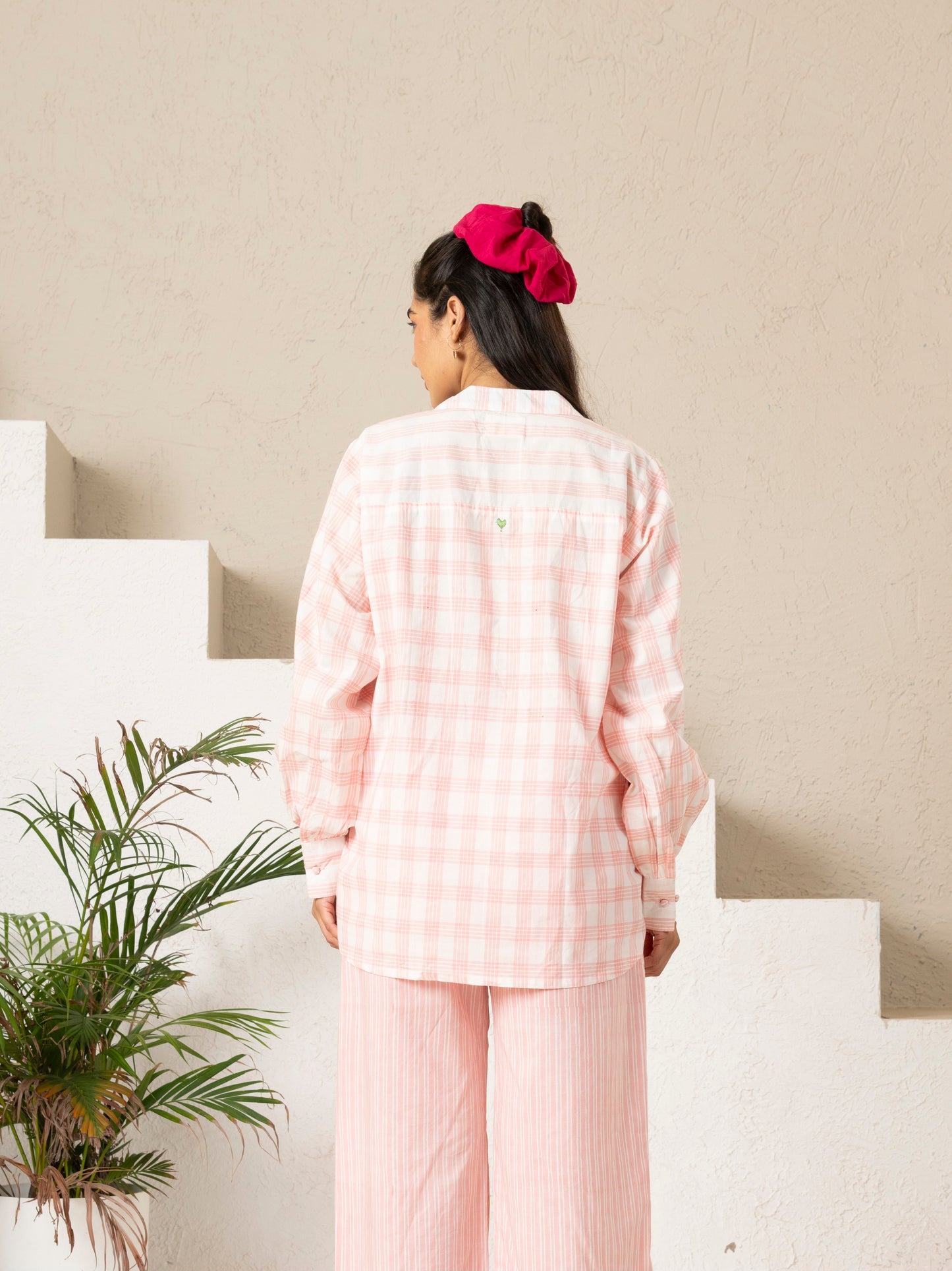 Hand Block Printed Blush Checks Gathered Top