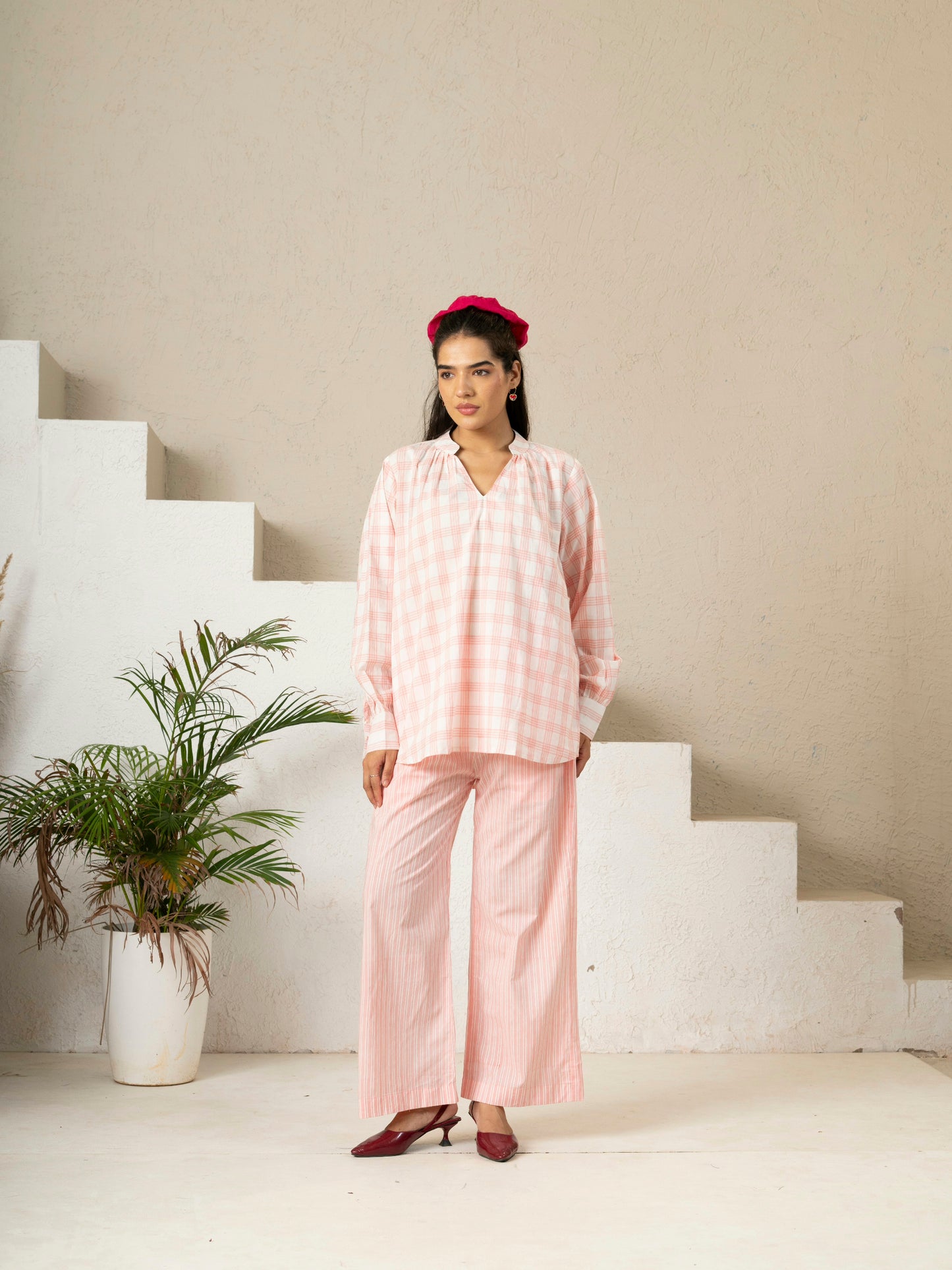 Hand Block Printed Blush Checks Gathered Top