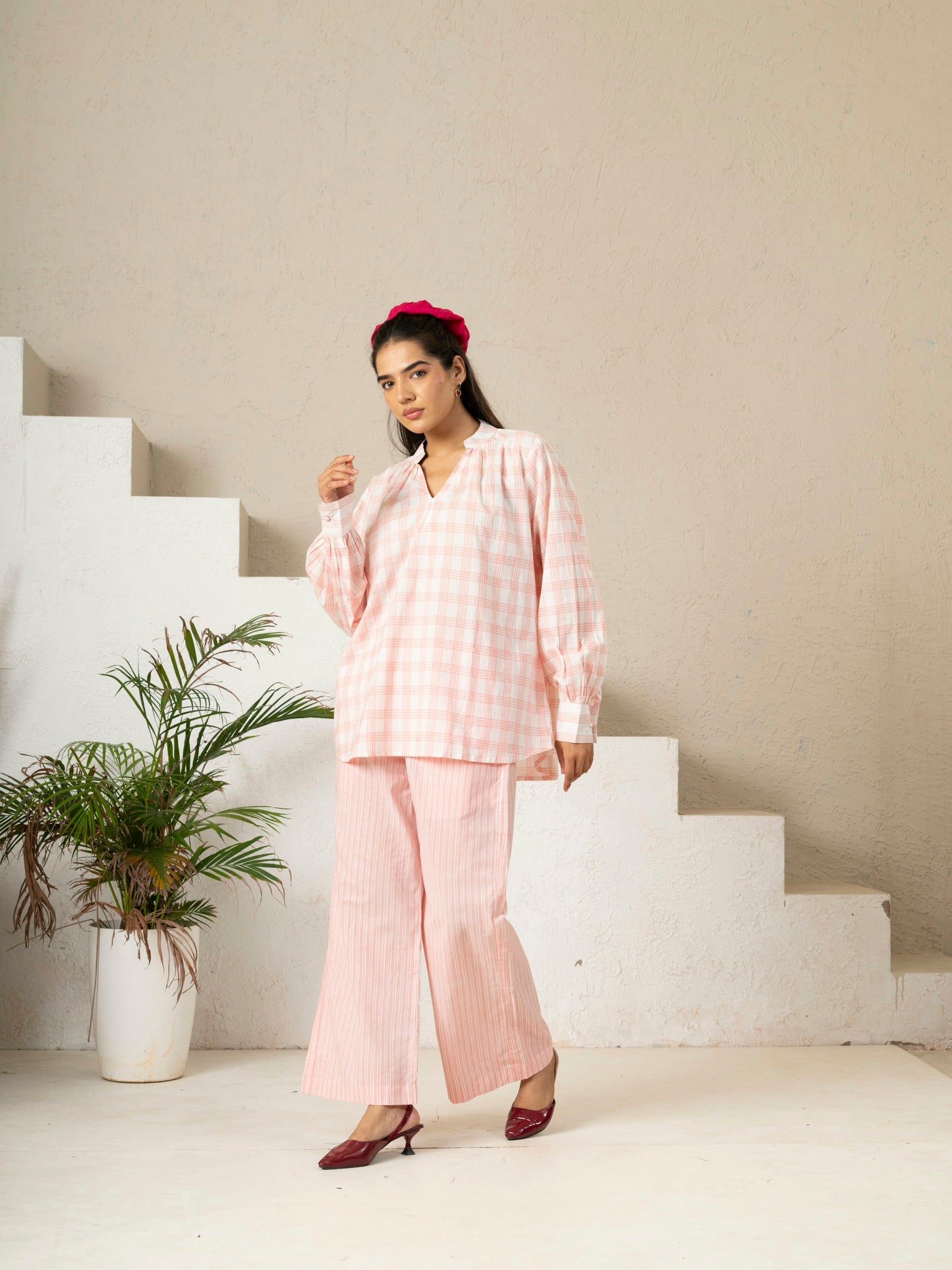 Hand Block Printed Blush Checks Gathered Top
