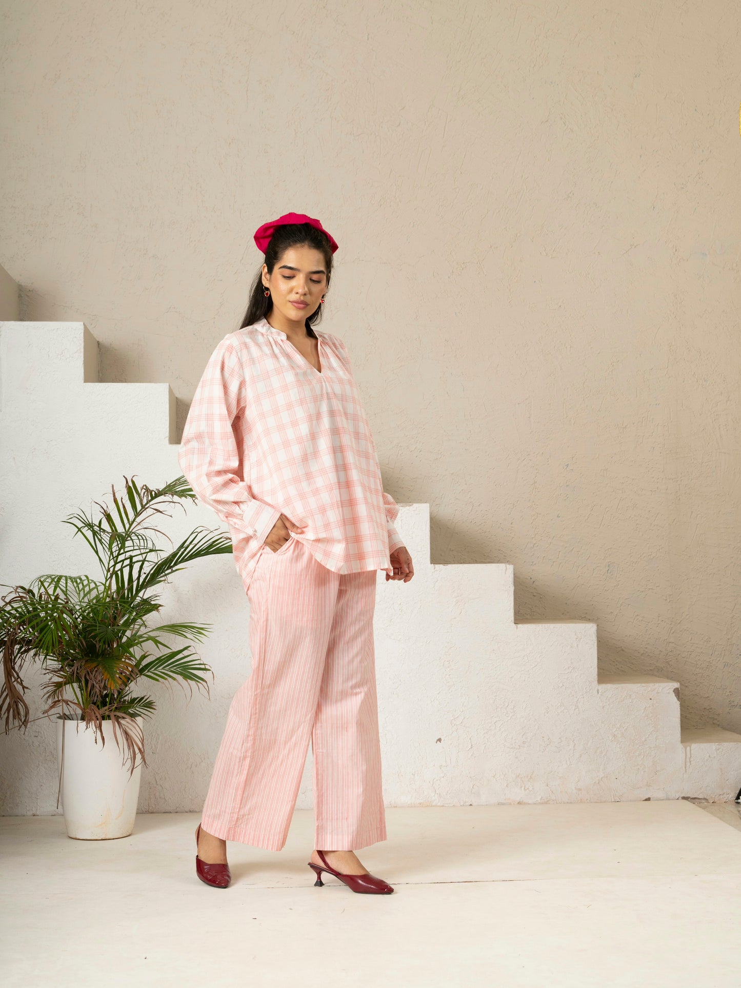 Hand Block Printed Blush Stripe Cotton Pants