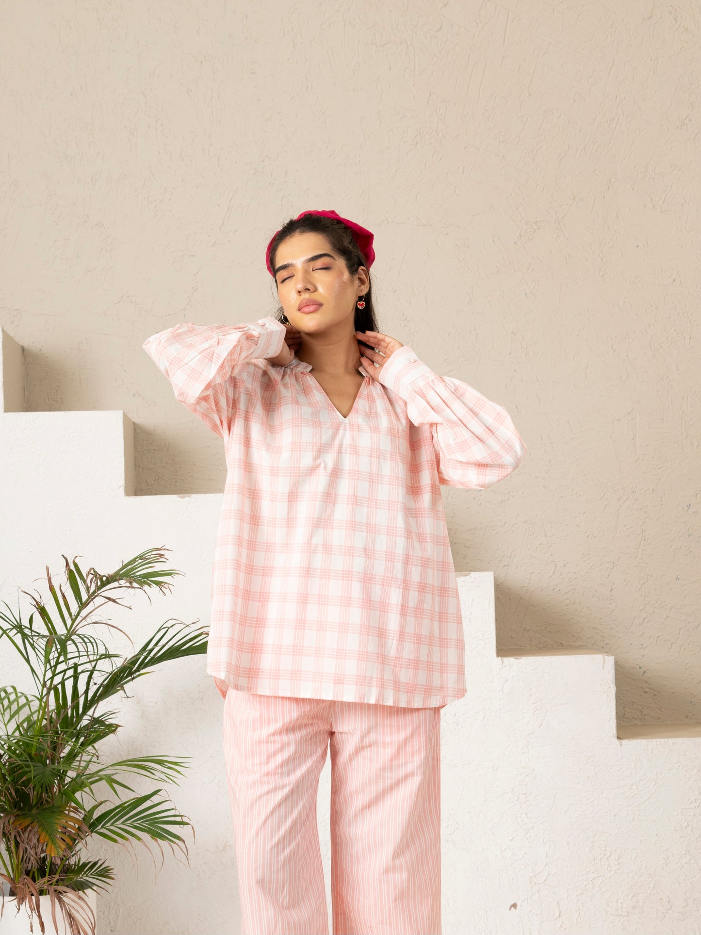 Hand Block Printed Blush Checks Gathered Top