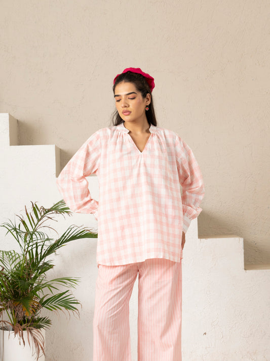 Hand Block Printed Blush Checks Gathered Top