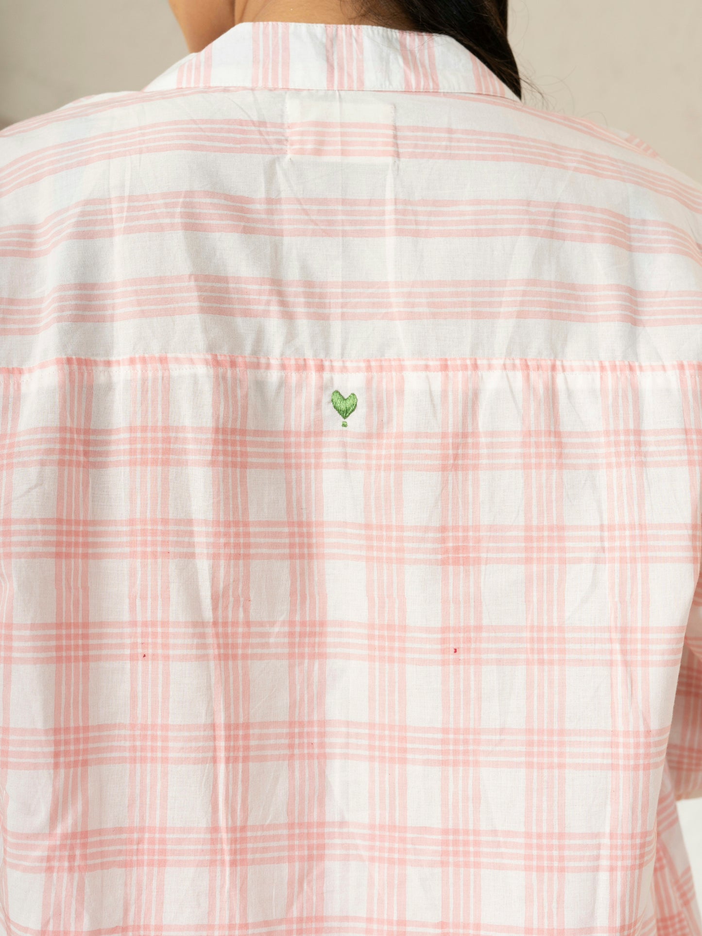 Hand Block Printed Blush Checks Gathered Top
