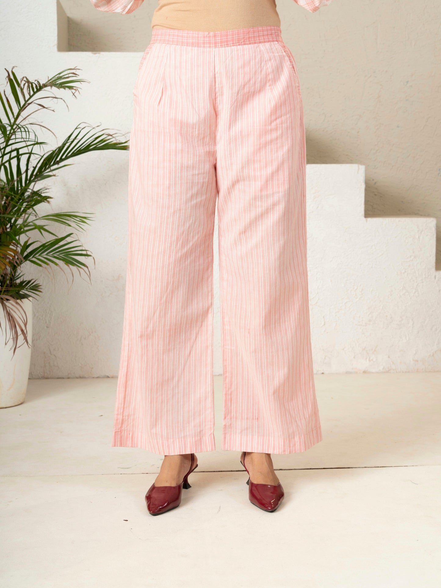Hand Block Printed Blush Stripe Cotton Pants