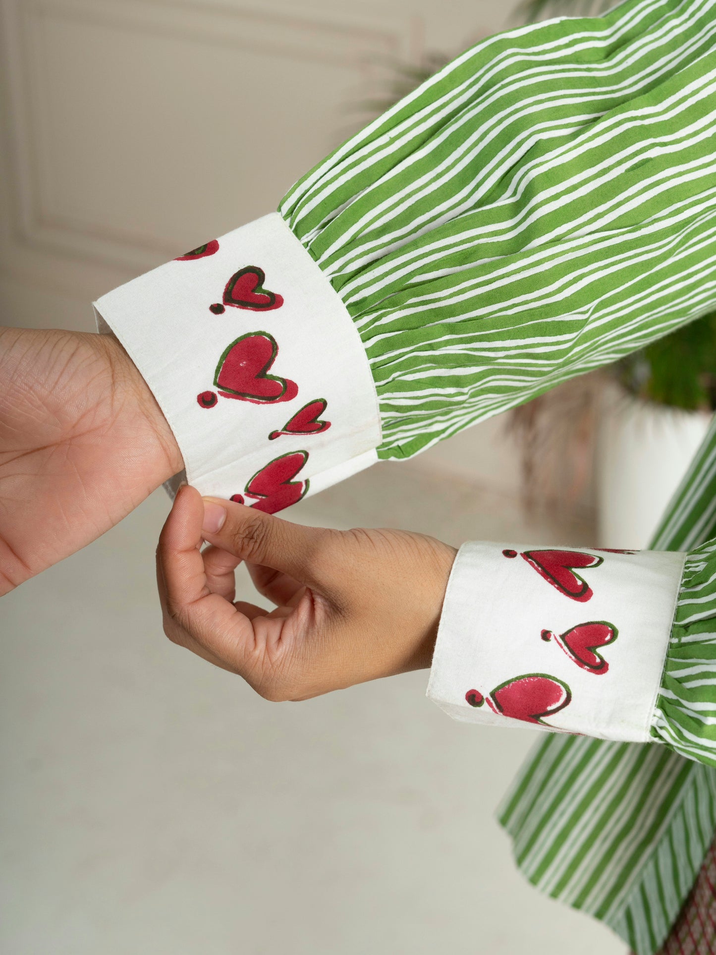 Hand Block Printed Green Striped Cotton