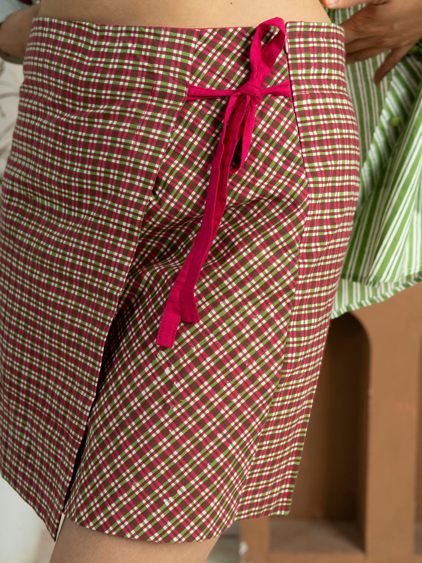 Hand Block Printed Checkered Cotton Mini Wrap Skirt
