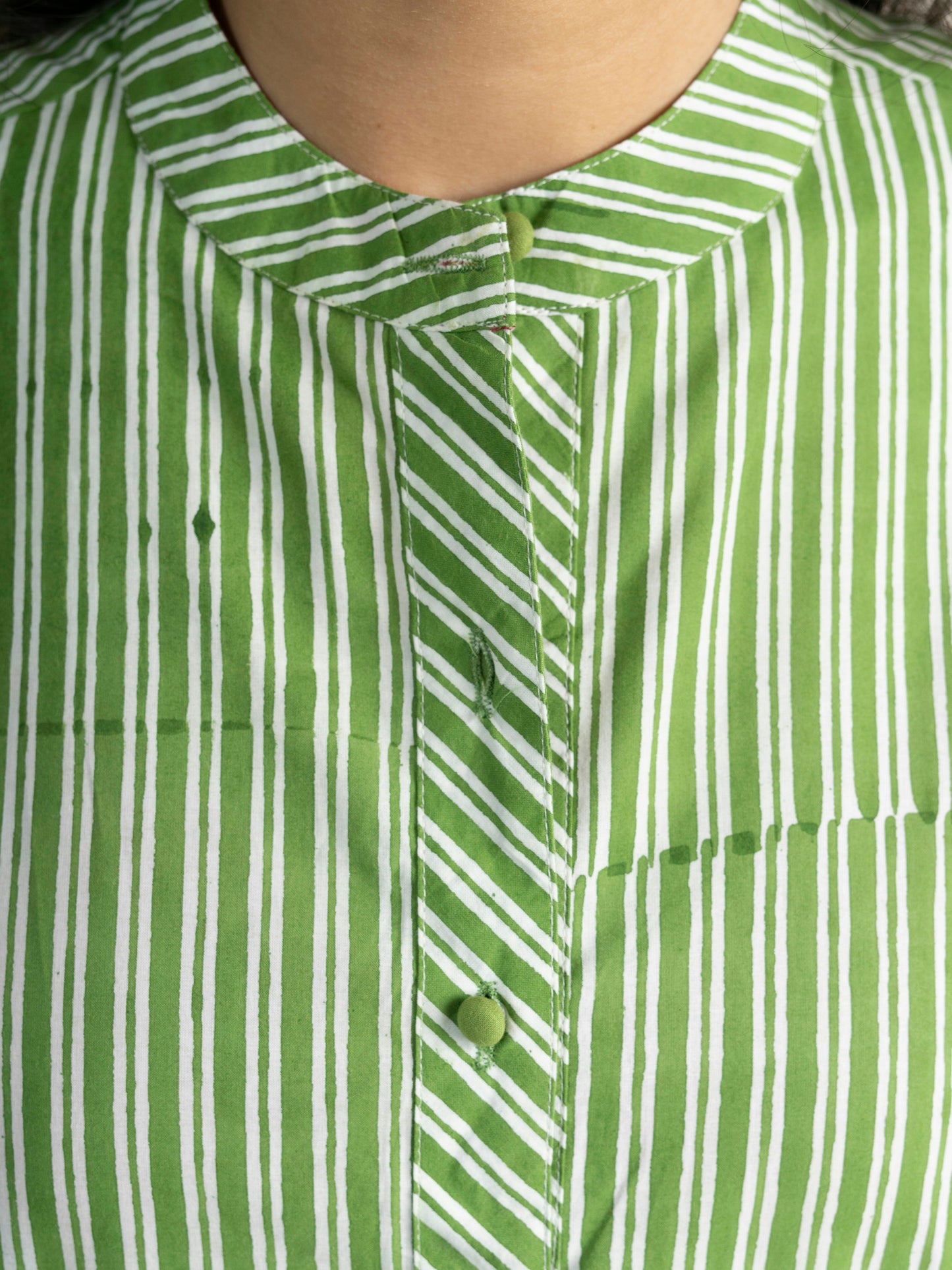 Hand Block Printed Green Striped Cotton