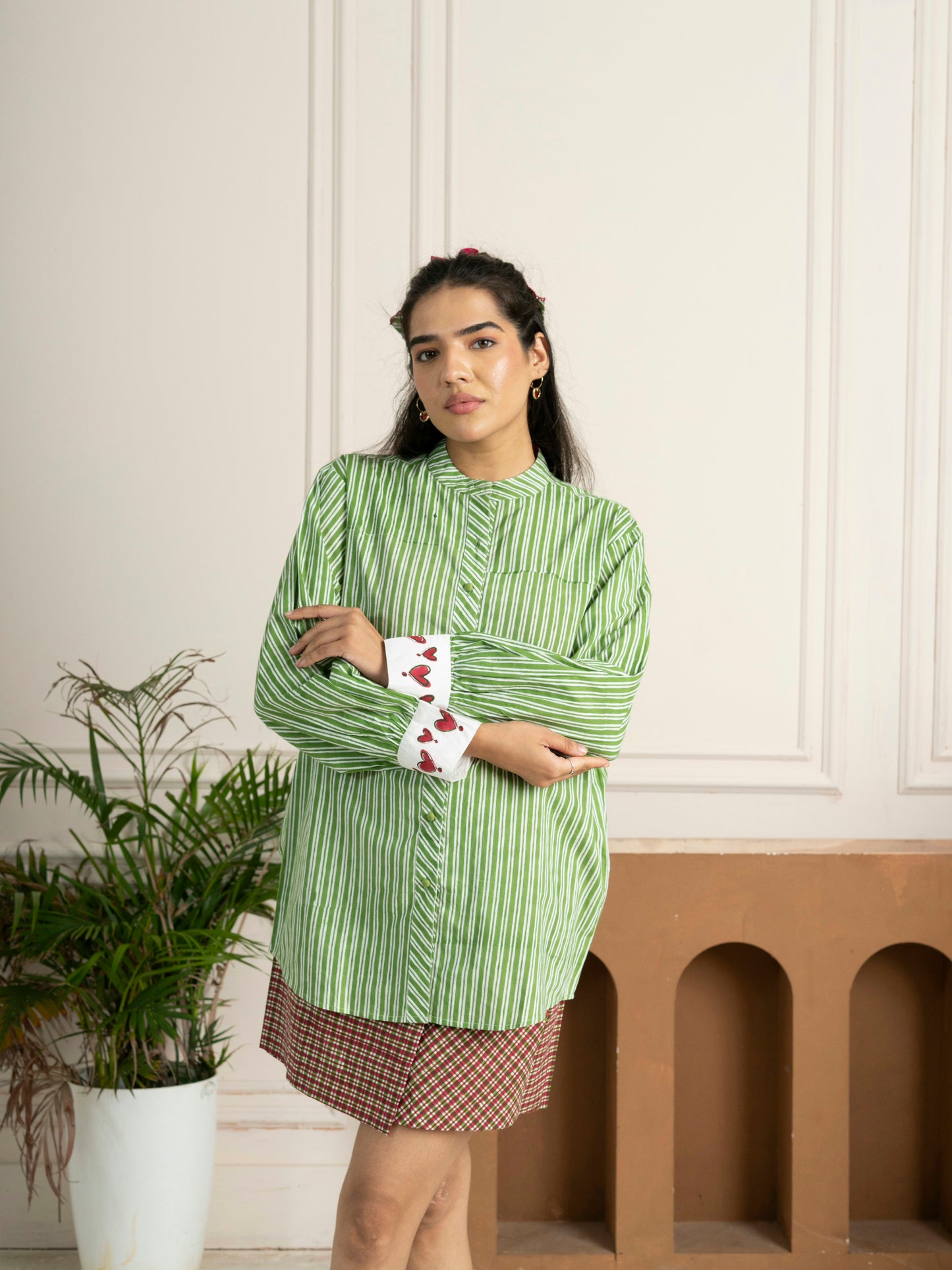 Hand Block Printed Green Striped Cotton