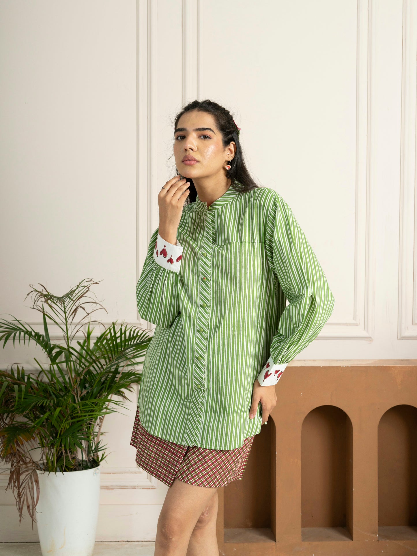 Hand Block Printed Green Striped Cotton
