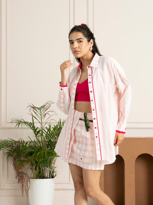Hand Block Printed Pink Striped Oversized Shirt