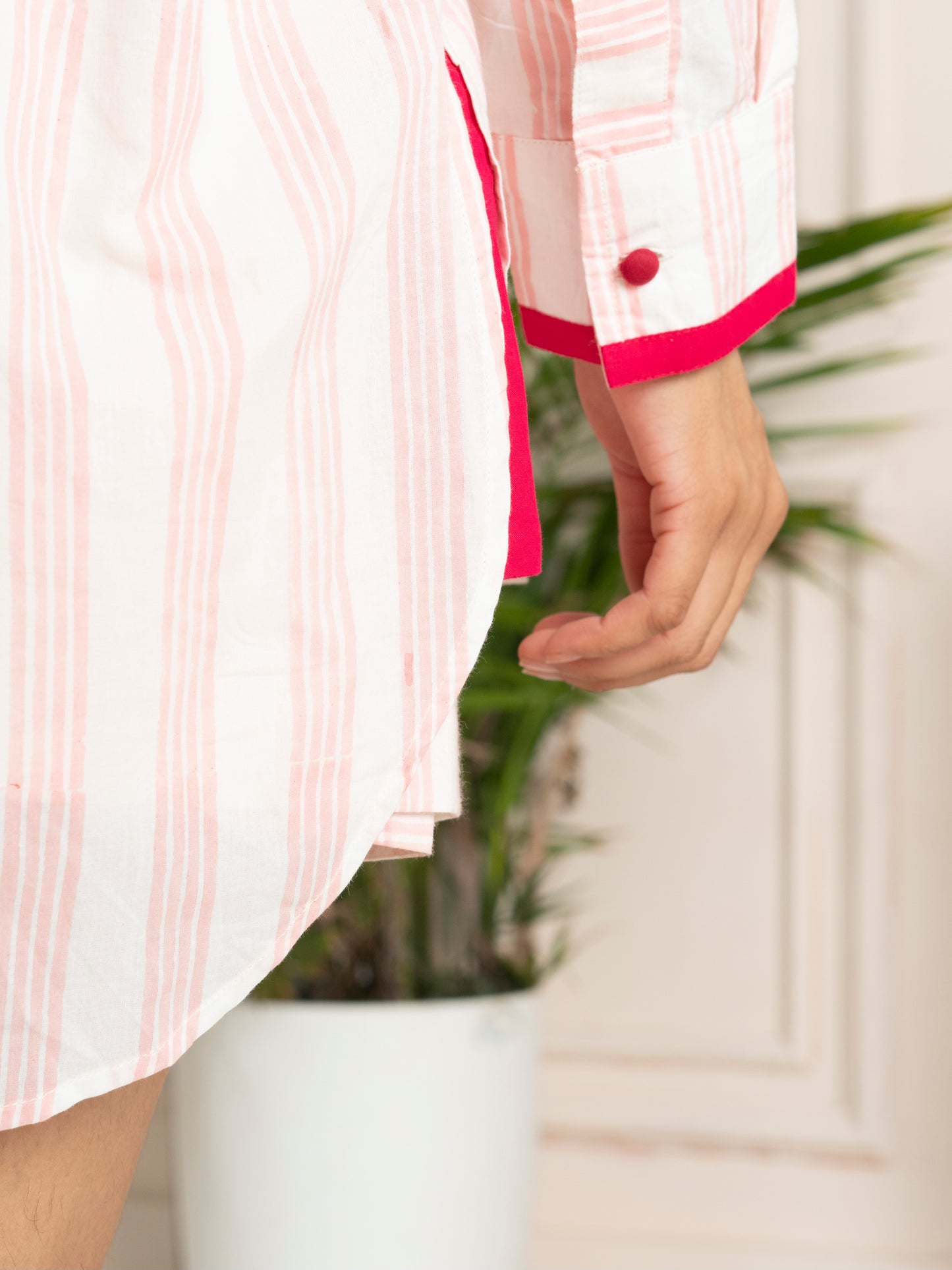 Hand Block Printed Pink Striped Oversized Shirt