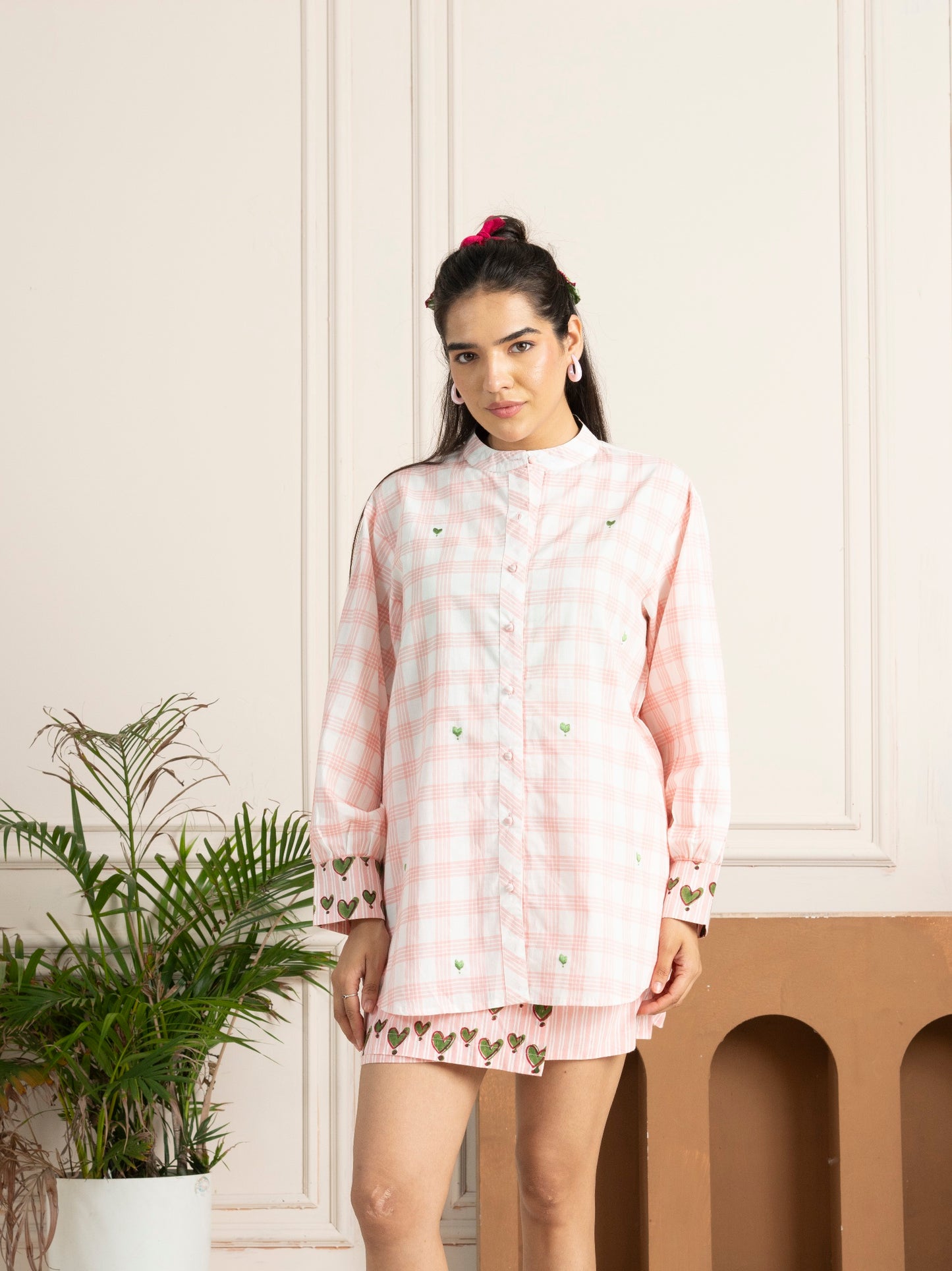 Hand Block Printed Pink Check Cotton Shirt