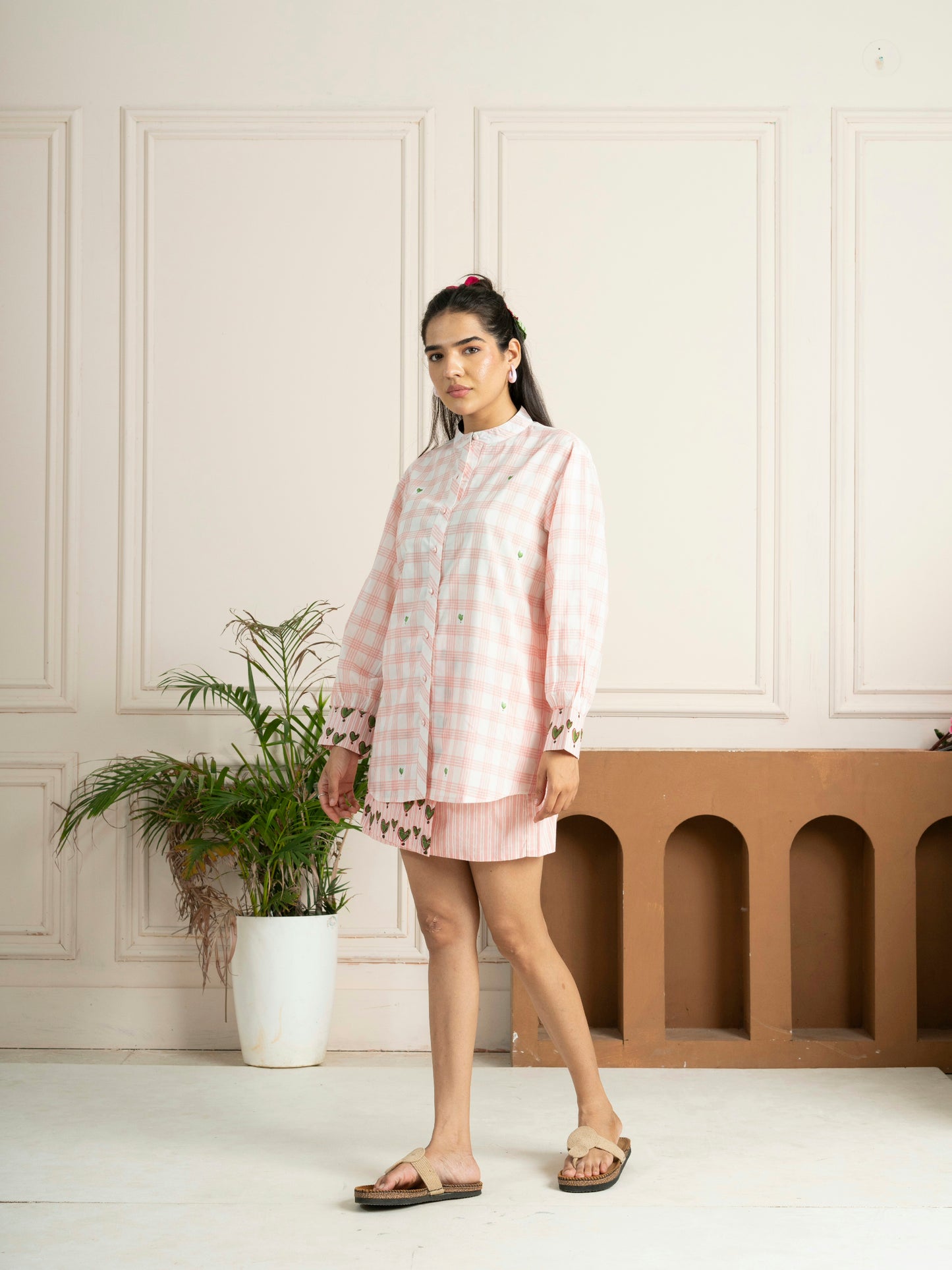 Hand Block Printed Pink Check Cotton Shirt