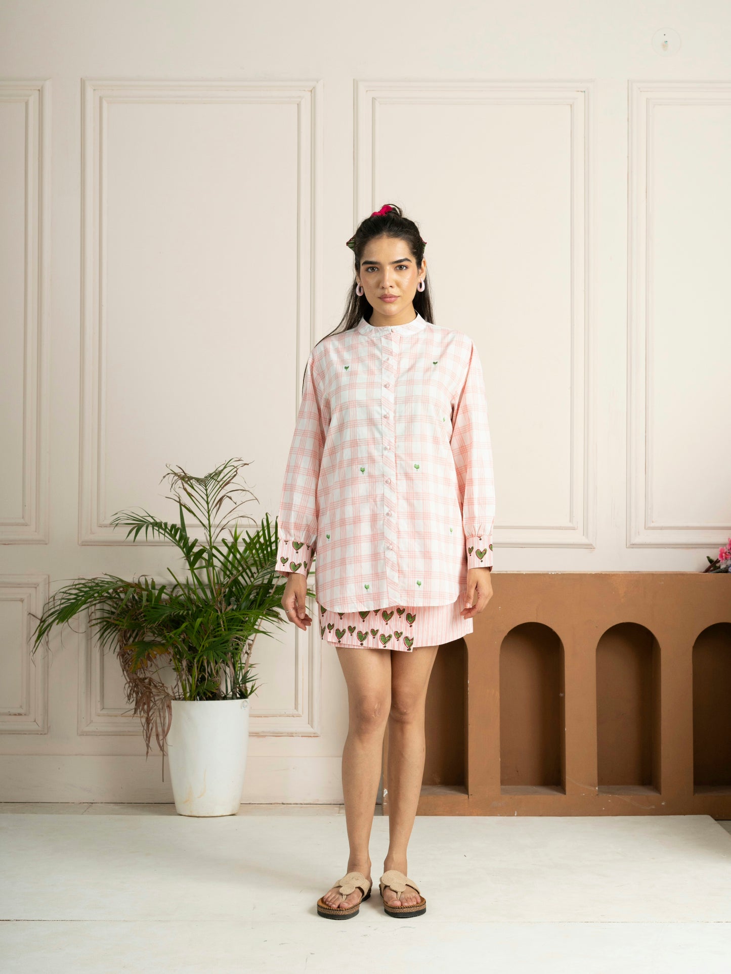 Hand Block Printed Pink Check Cotton Shirt