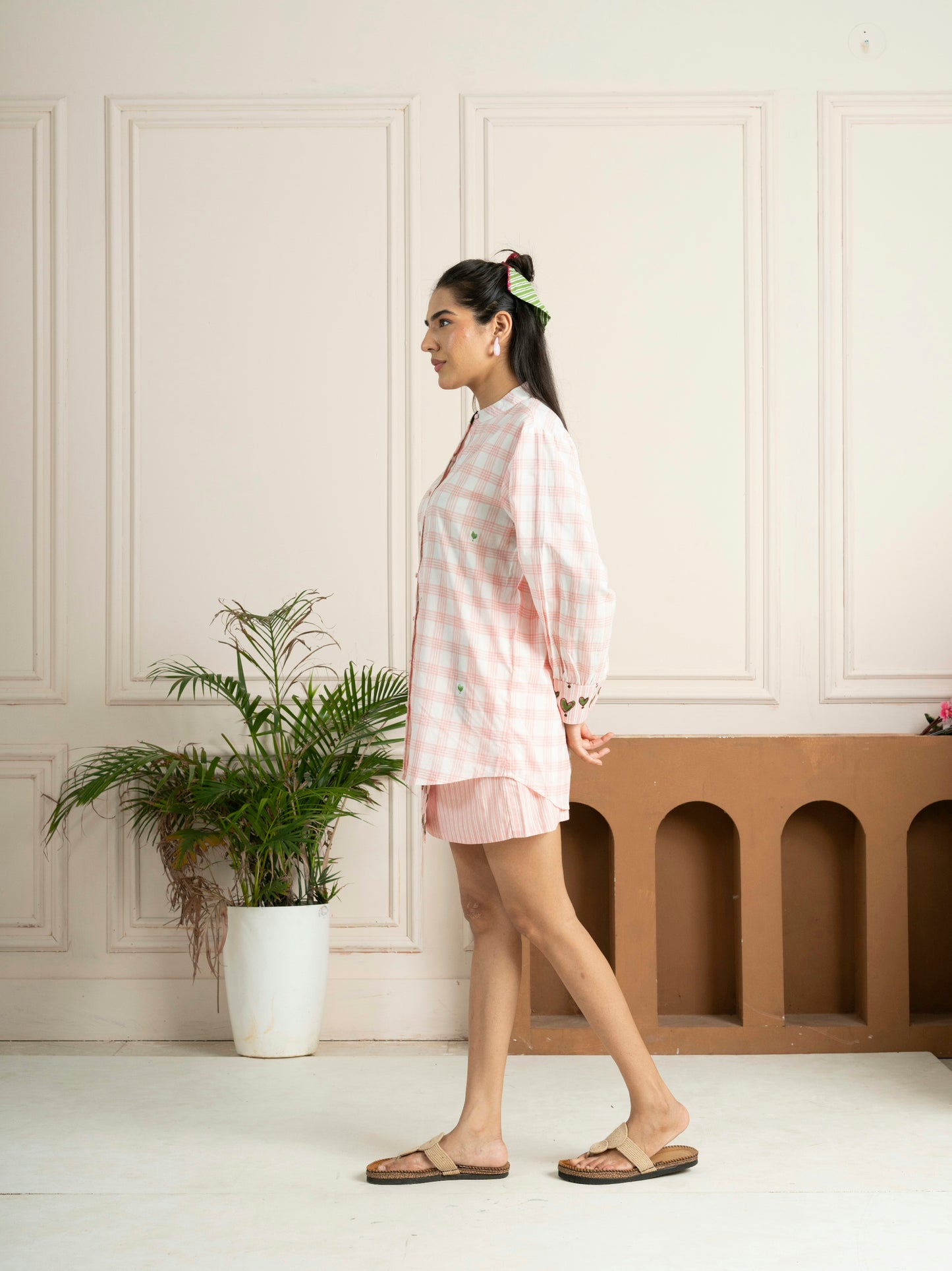 Hand Block Printed Pink Check Cotton Shirt