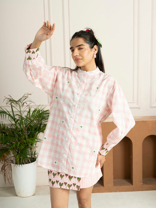Hand Block Printed Pink Check Cotton Shirt