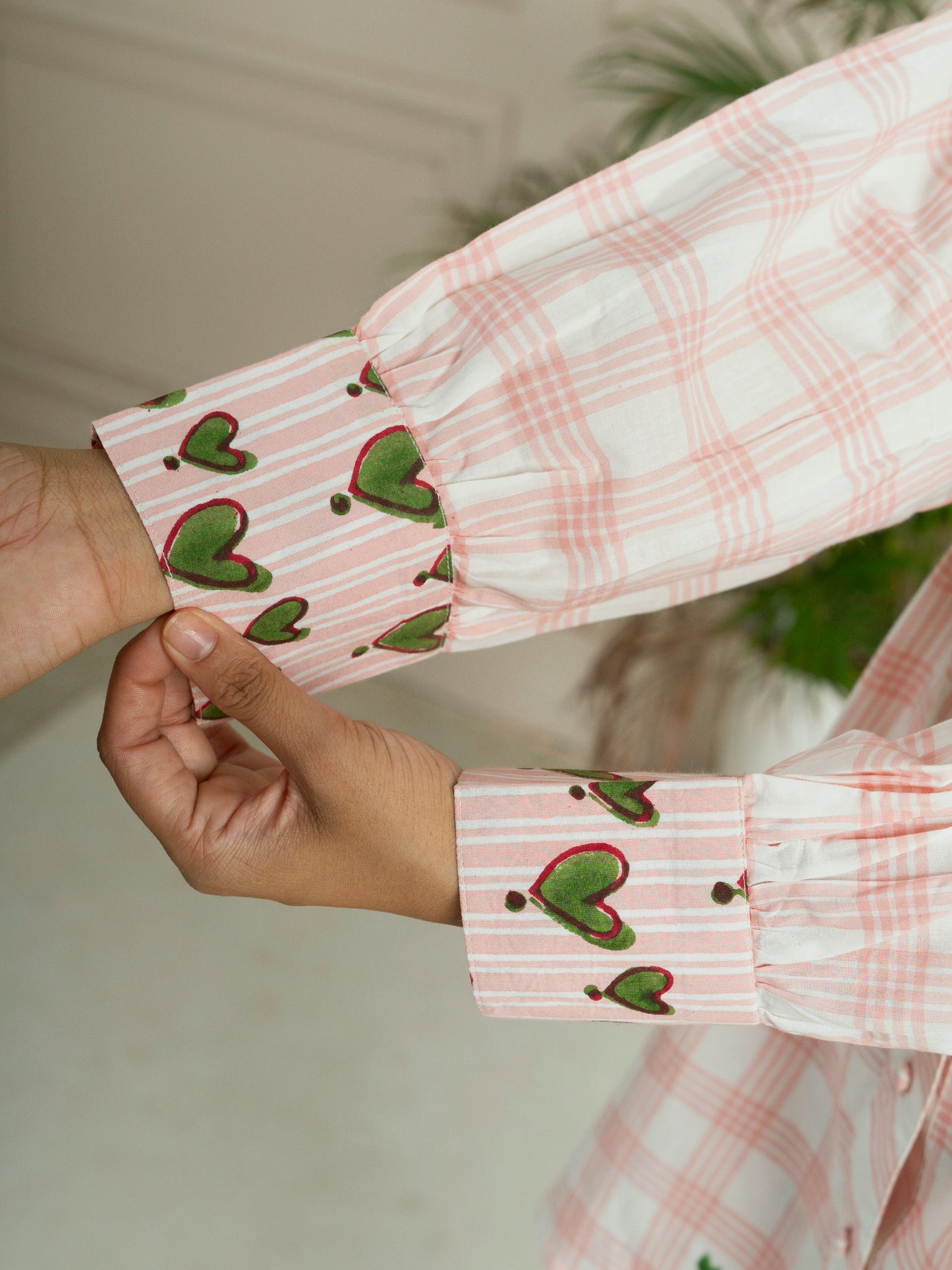 Hand Block Printed Pink Check Cotton Shirt