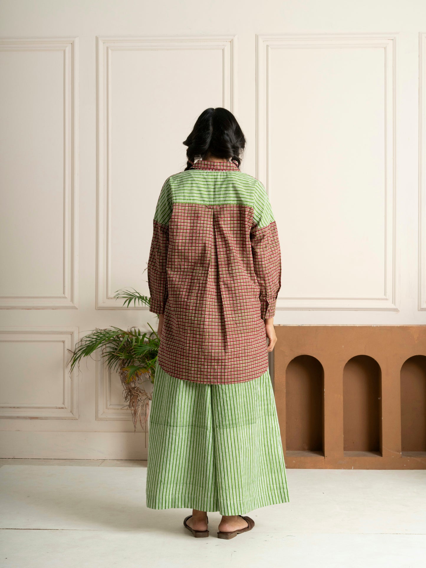 Hand Block Printed Checkered Boxy Shirt with Green Stripe Back Yoke