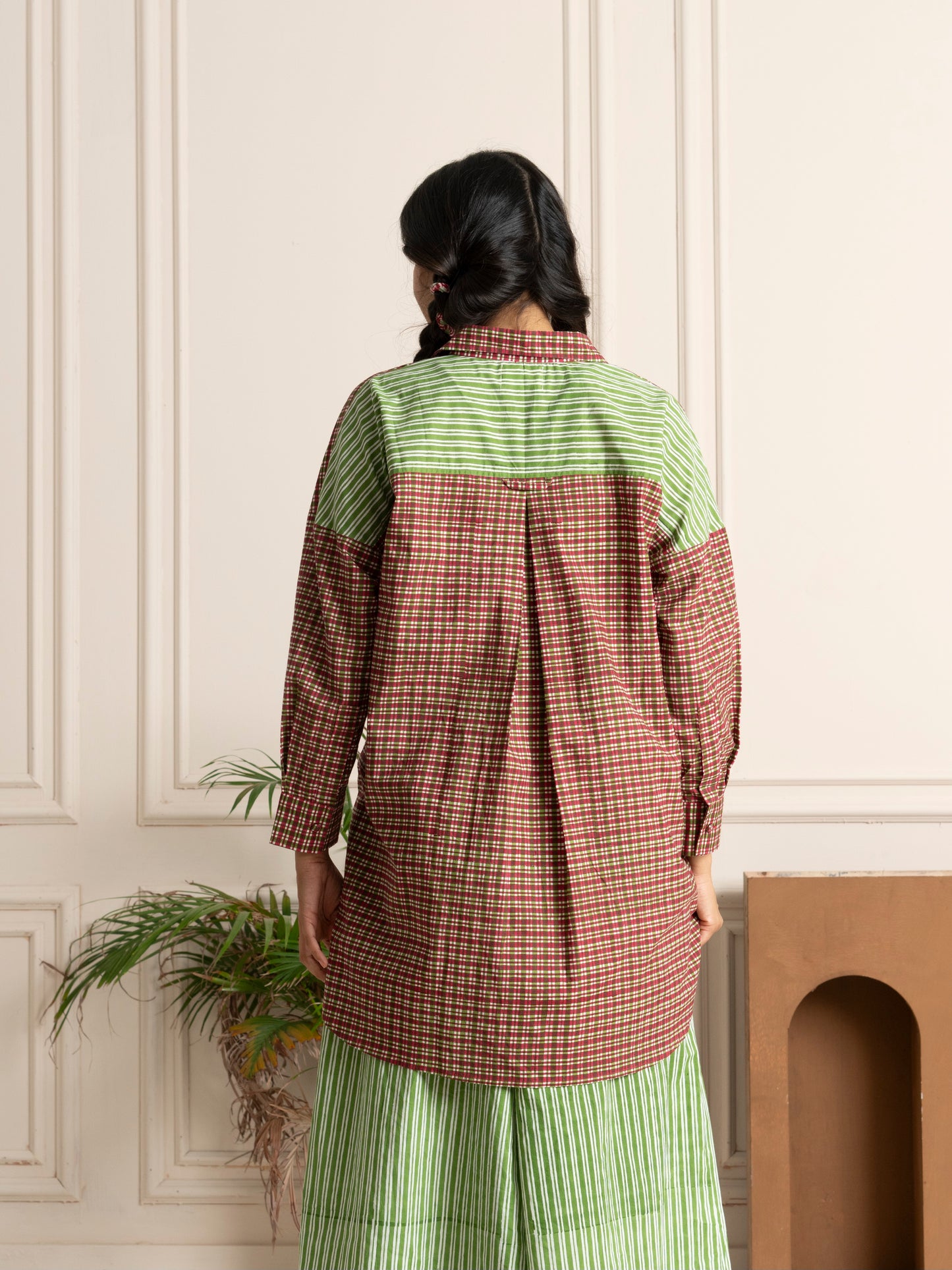 Hand Block Printed Checkered Boxy Shirt with Green Stripe Back Yoke