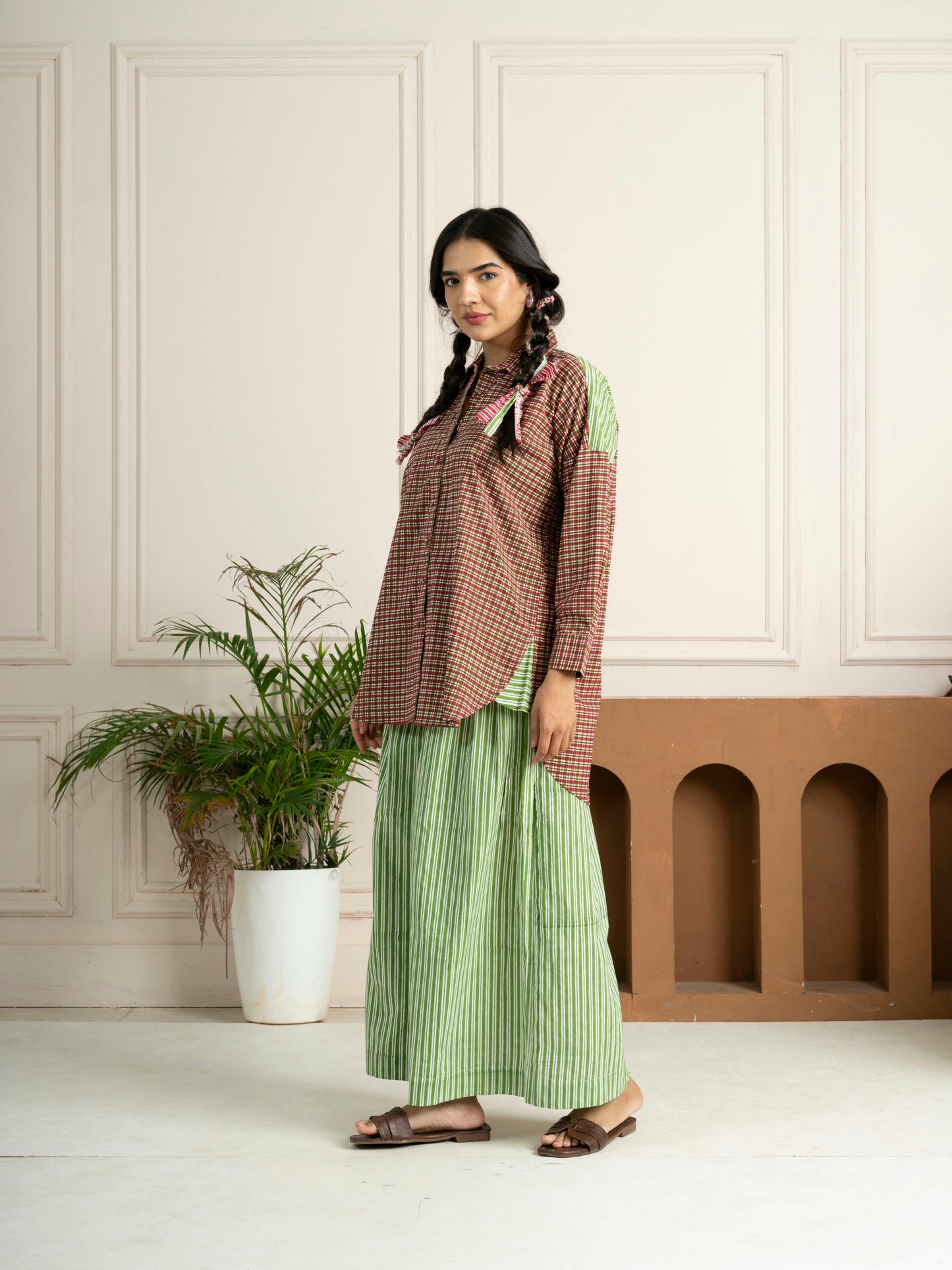 Hand Block Printed Checkered Boxy Shirt with Green Stripe Back Yoke
