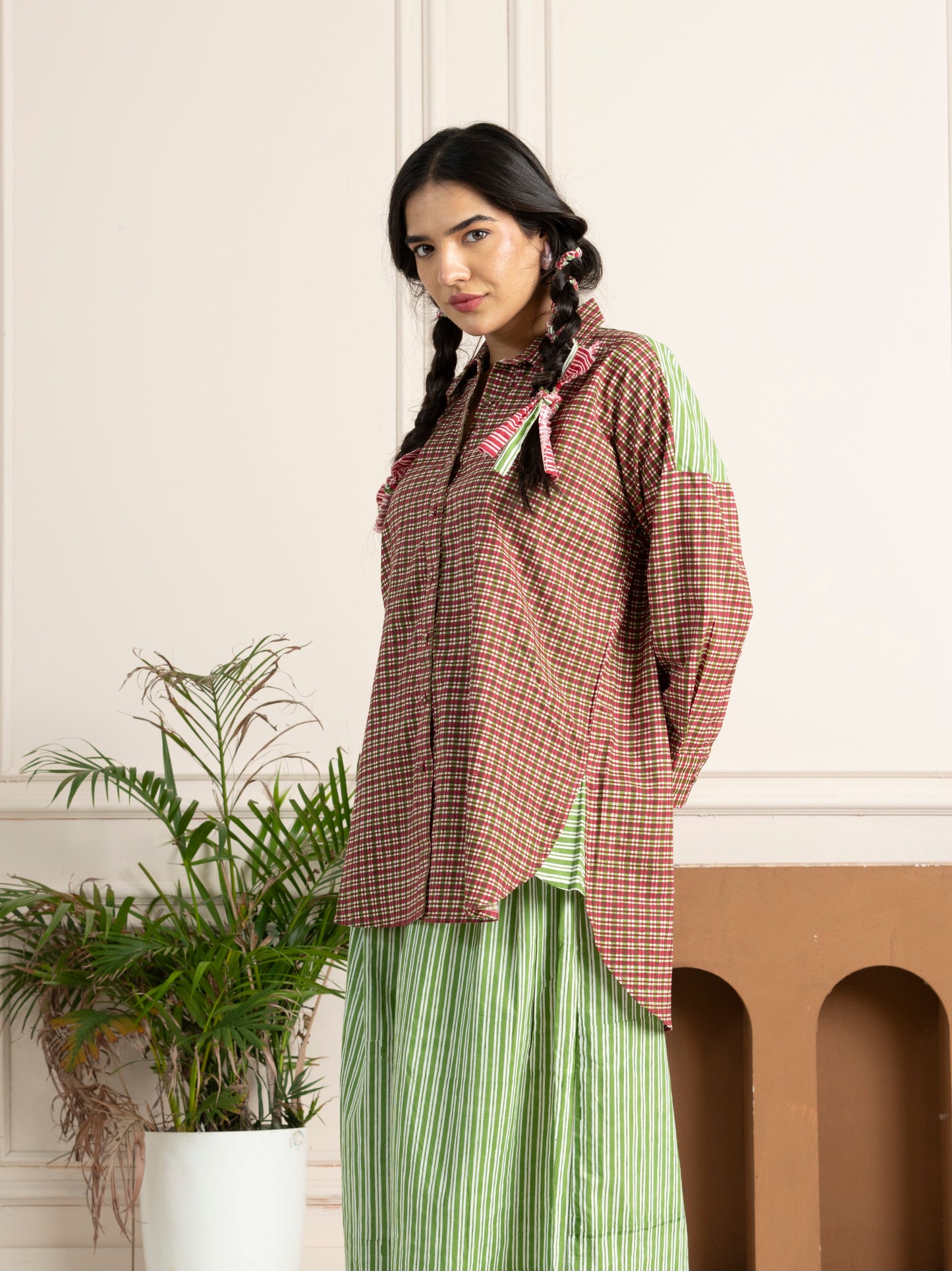Hand Block Printed Checkered Boxy Shirt with Green Stripe Back Yoke
