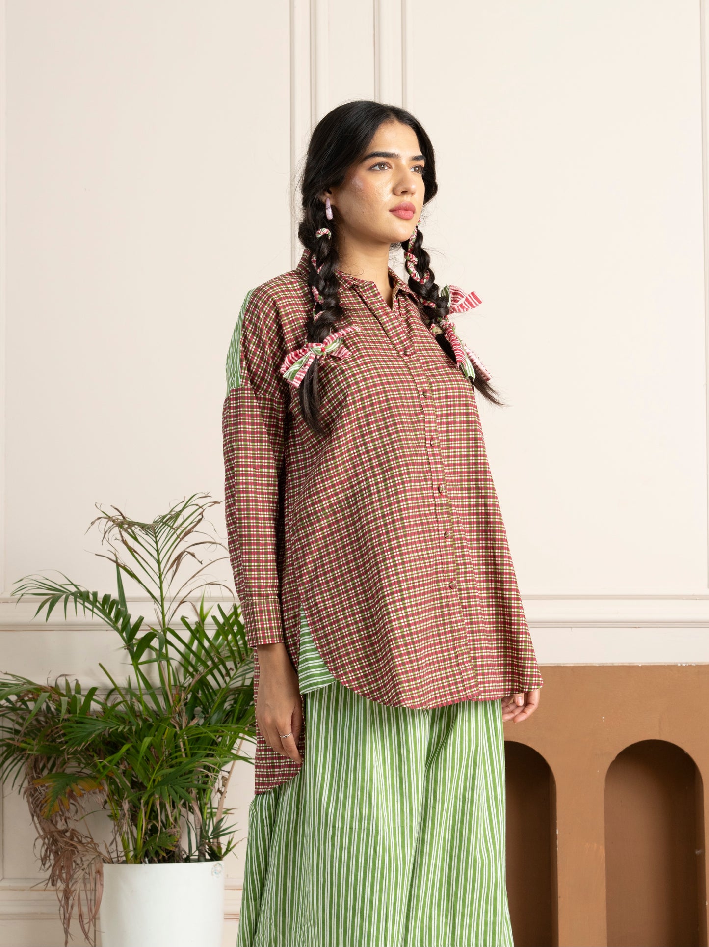 Hand Block Printed Checkered Boxy Shirt with Green Stripe Back Yoke