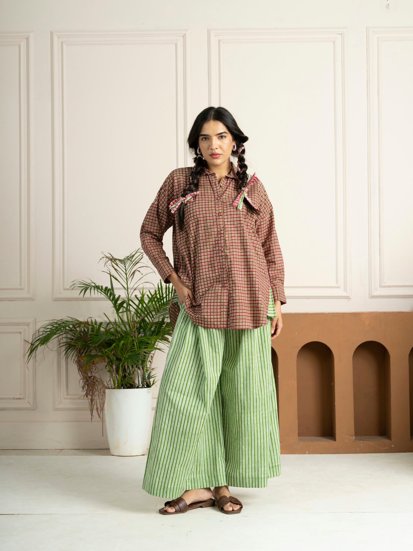 Hand Block Printed Checkered Boxy Shirt with Green Stripe Back Yoke