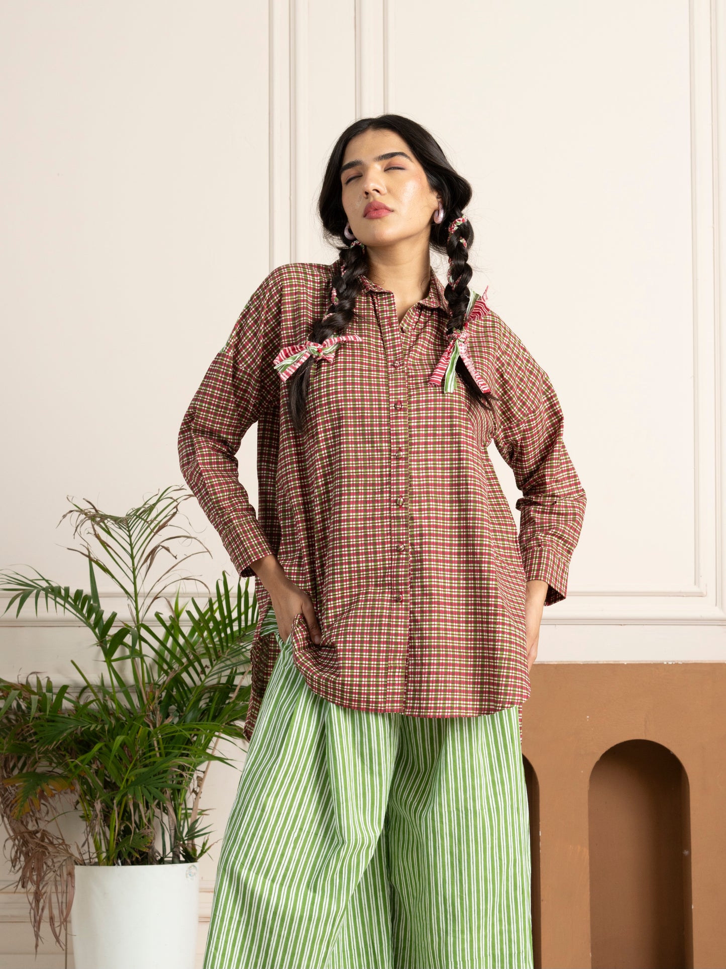 Hand Block Printed Checkered Boxy Shirt with Green Stripe Back Yoke