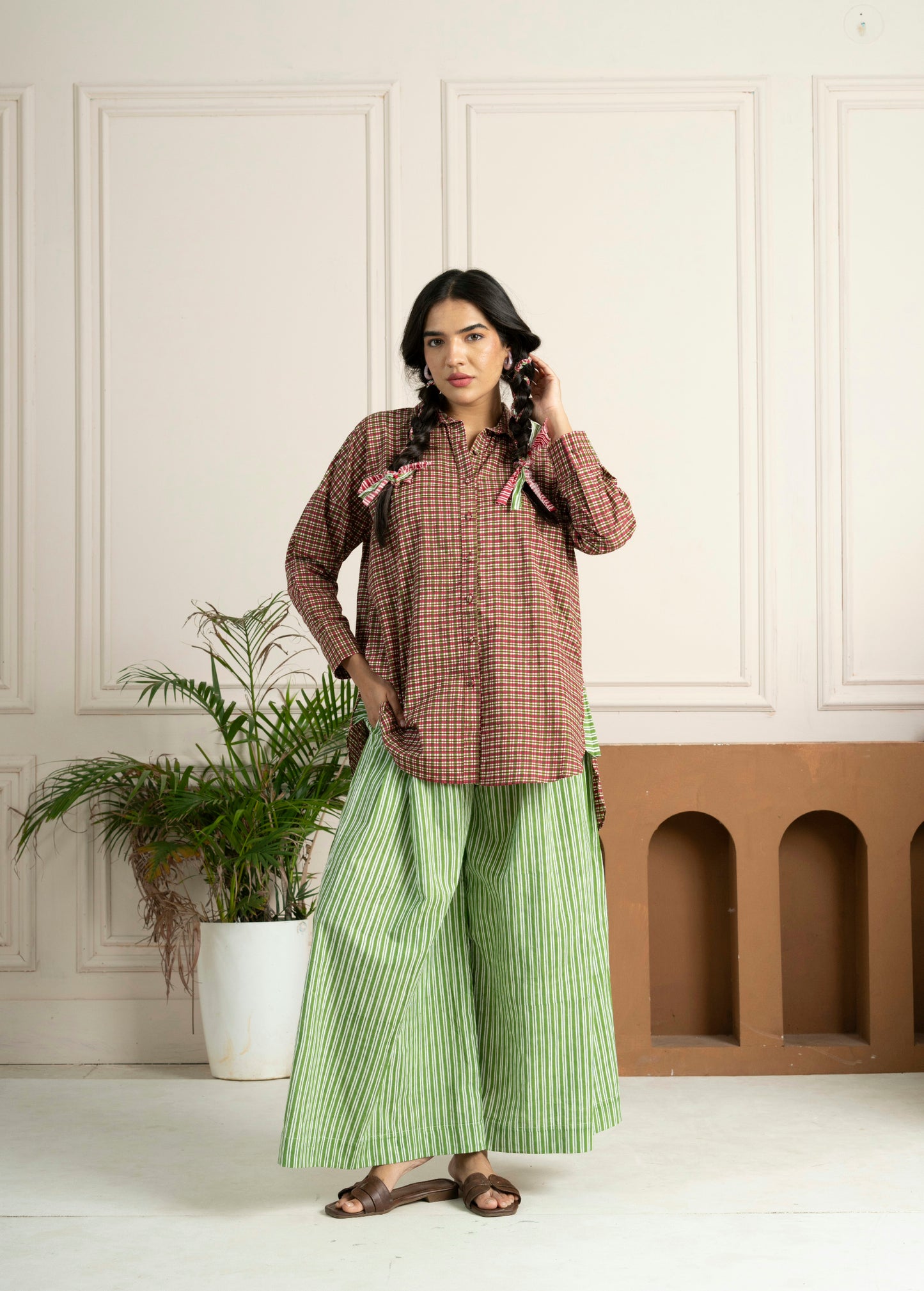 Hand Block Printed Checkered Boxy Shirt with Green Stripe Back Yoke