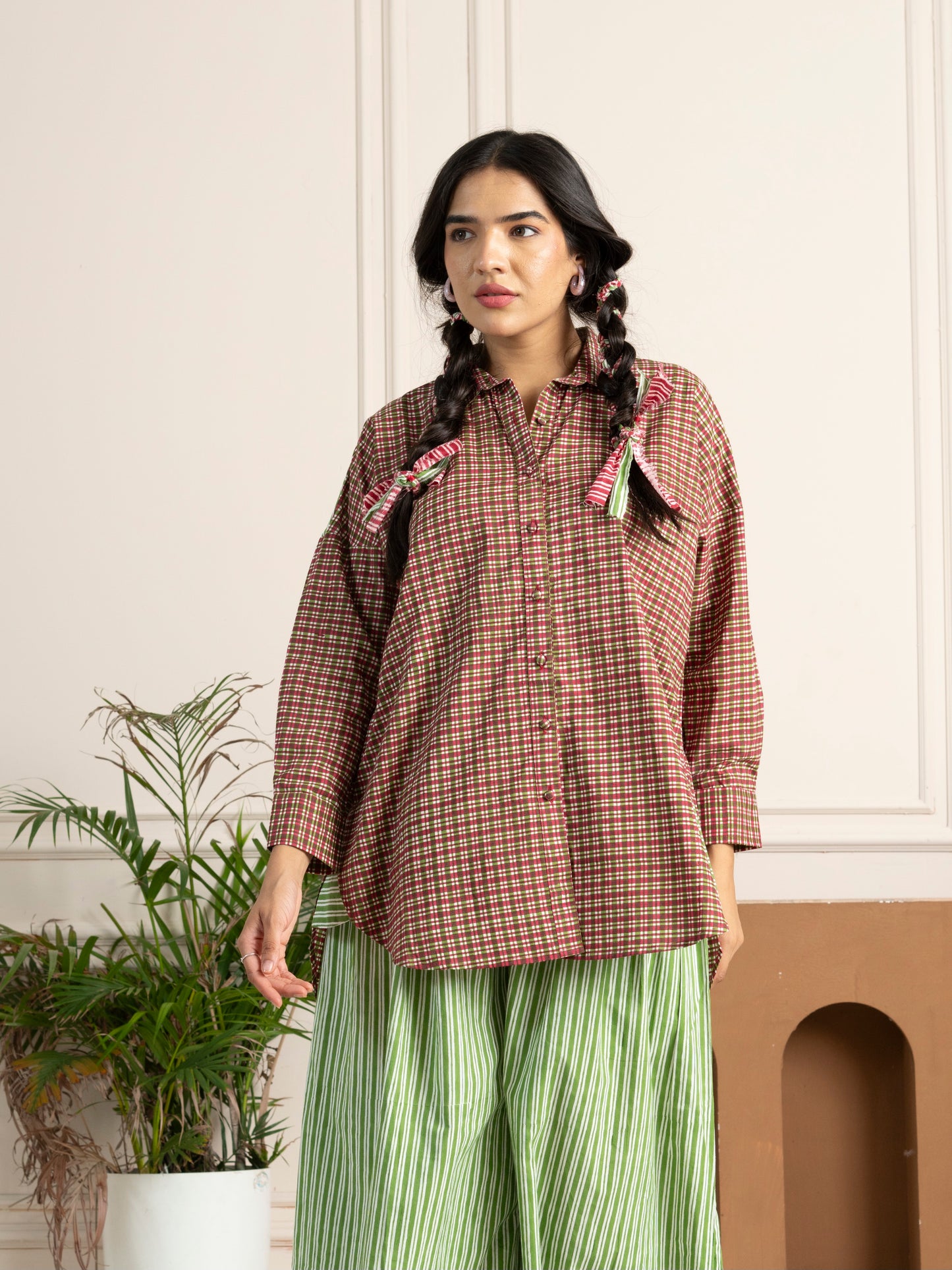 Hand Block Printed Checkered Boxy Shirt with Green Stripe Back Yoke