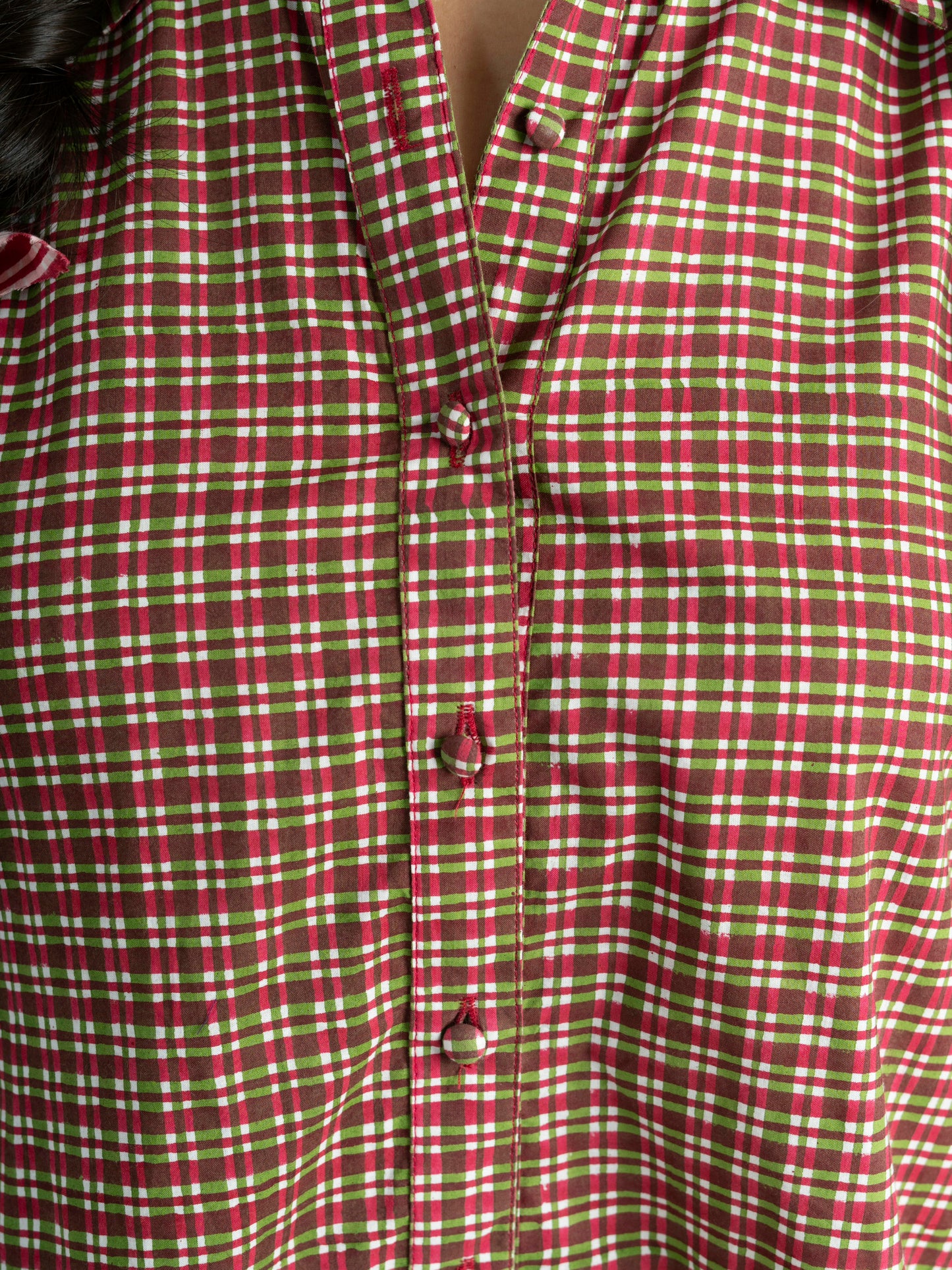 Hand Block Printed Checkered Boxy Shirt with Green Stripe Back Yoke