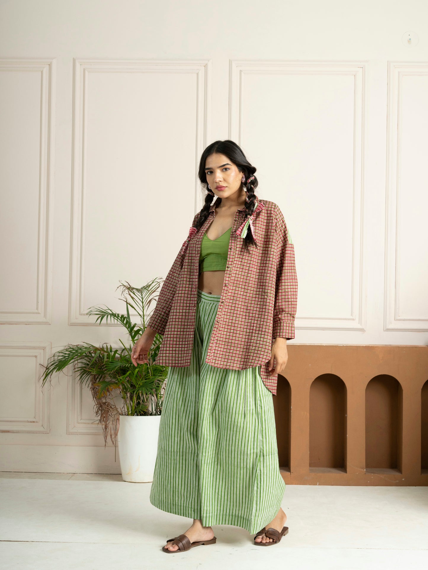 Hand Block Printed Checkered Boxy Shirt with Green Stripe Back Yoke