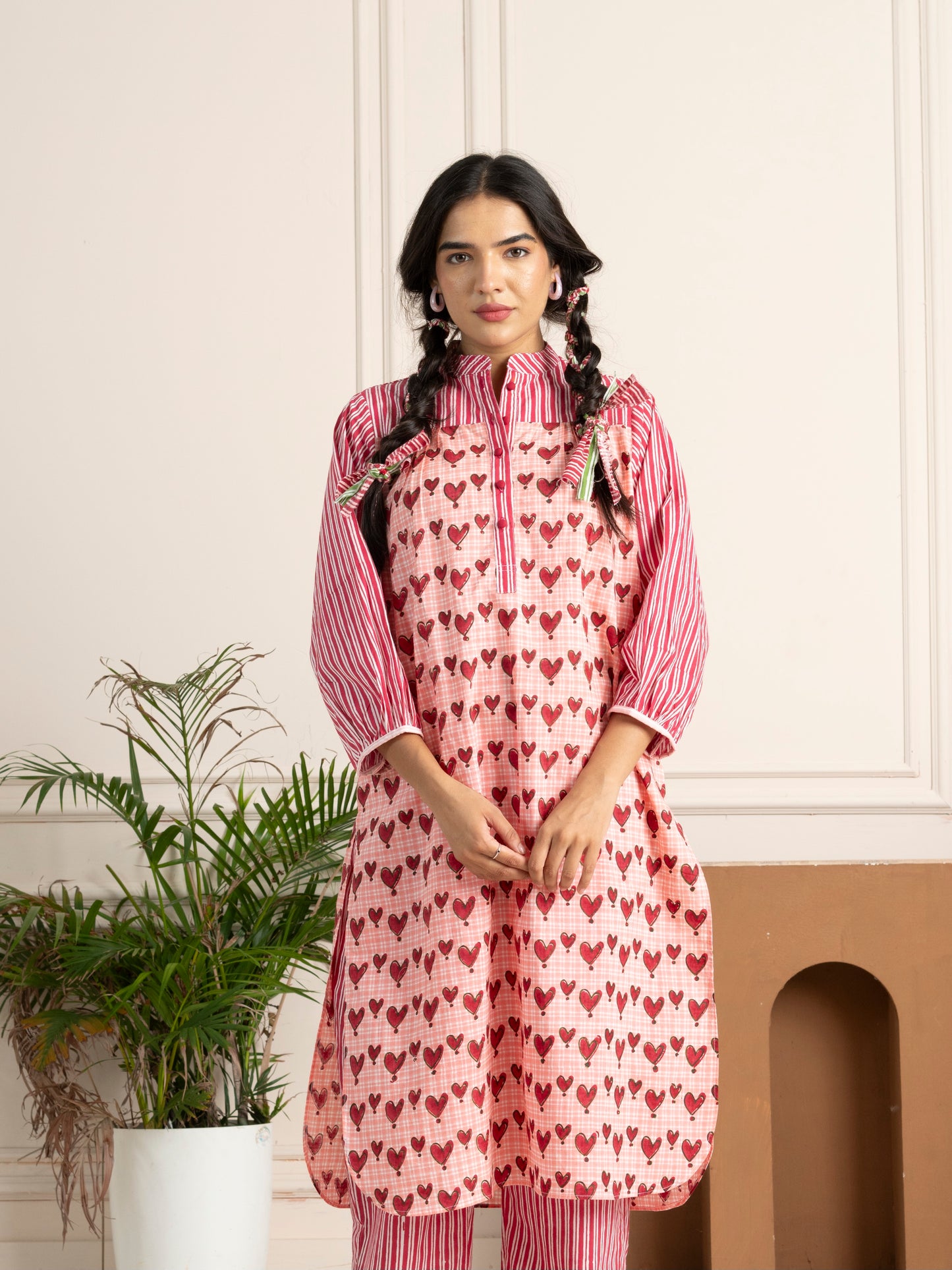 Handblock-printed Pink Hearts Co-Ord Set
