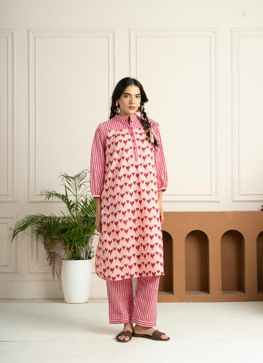 Handblock-printed Pink Hearts Co-Ord Set