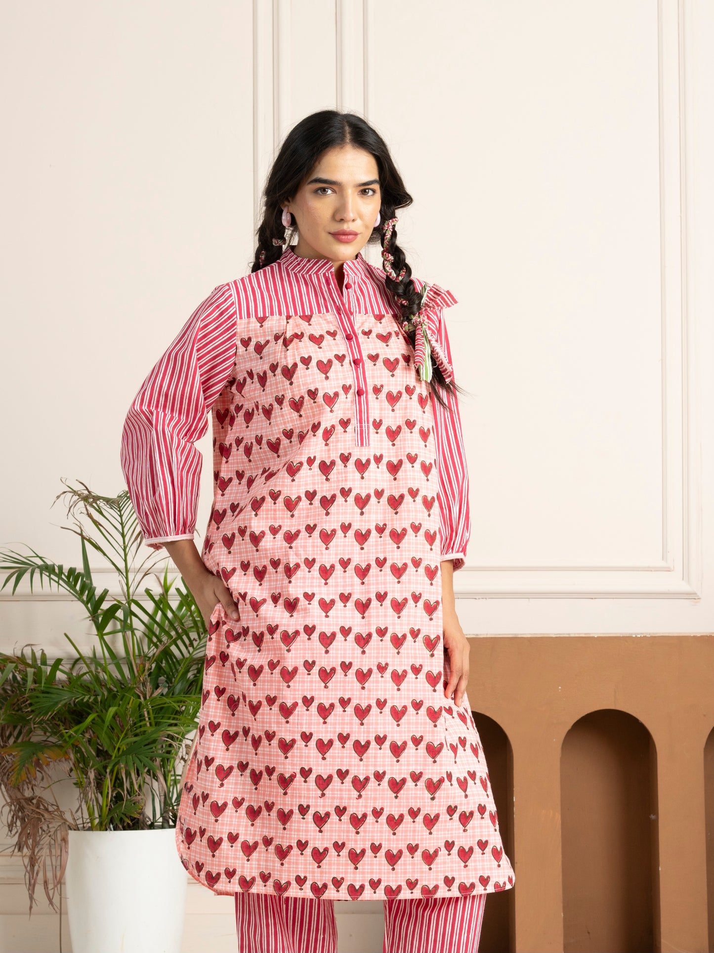 Handblock-printed Pink Hearts Co-Ord Set