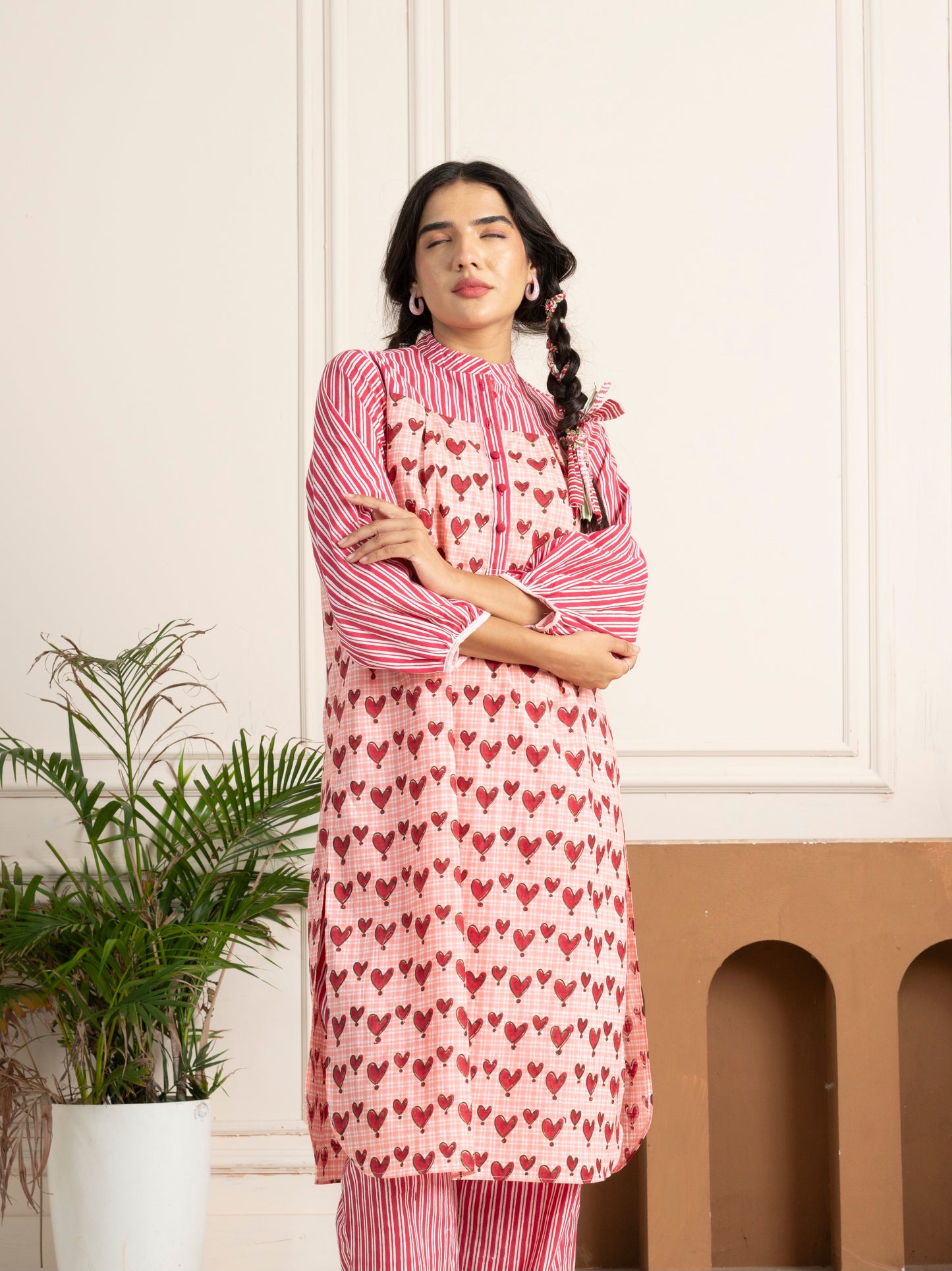 Handblock-printed Pink Hearts Co-Ord Set