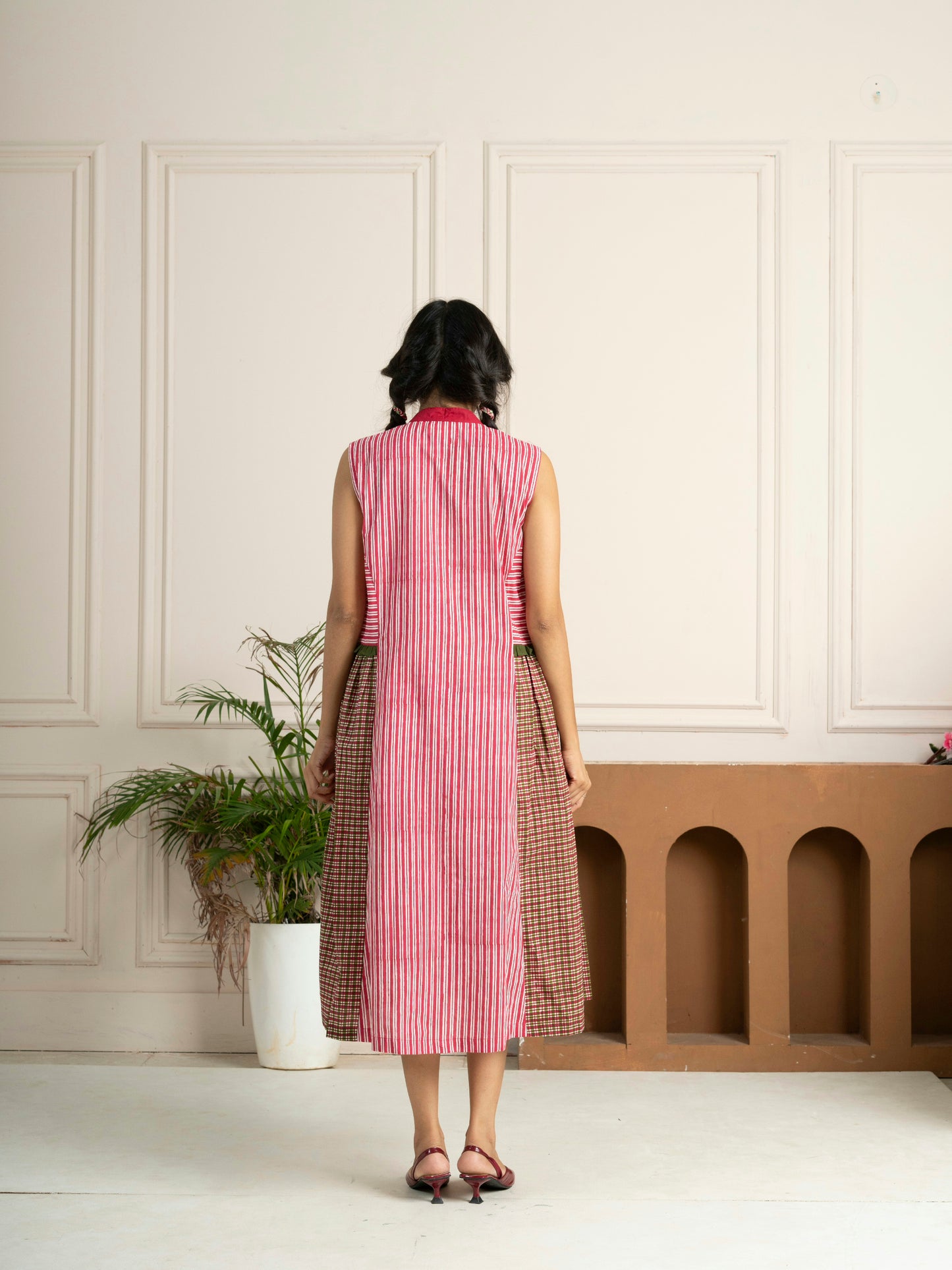 Pink Striped Checkered Panelled Hand Block Printed Dress