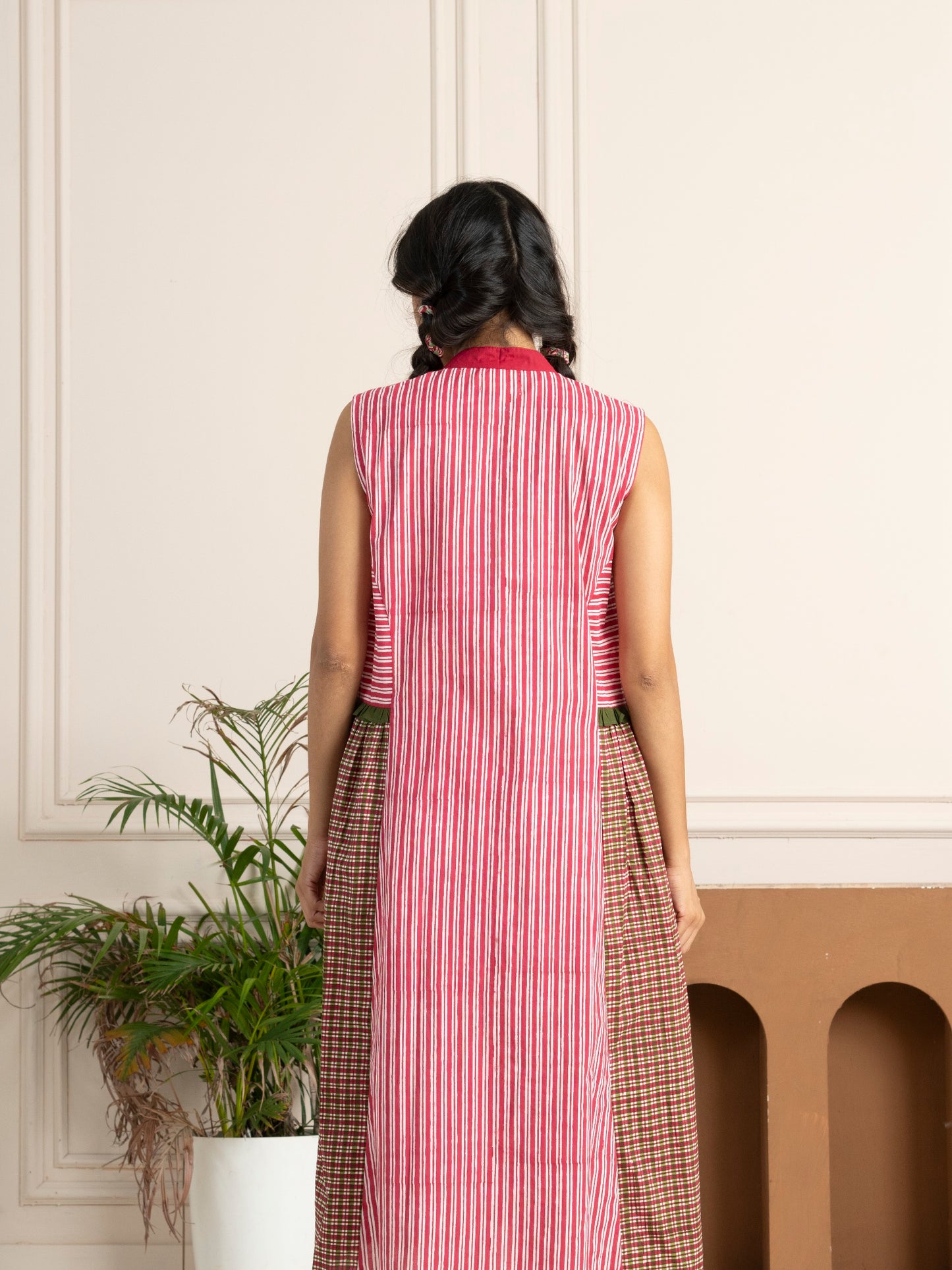 Pink Striped Checkered Panelled Hand Block Printed Dress