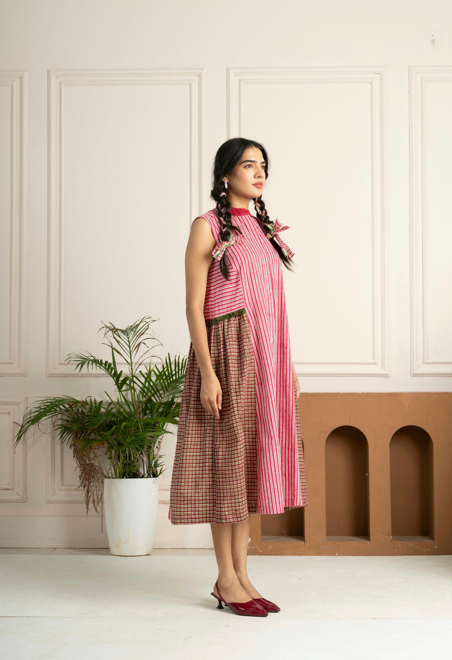 Pink Striped Checkered Panelled Hand Block Printed Dress