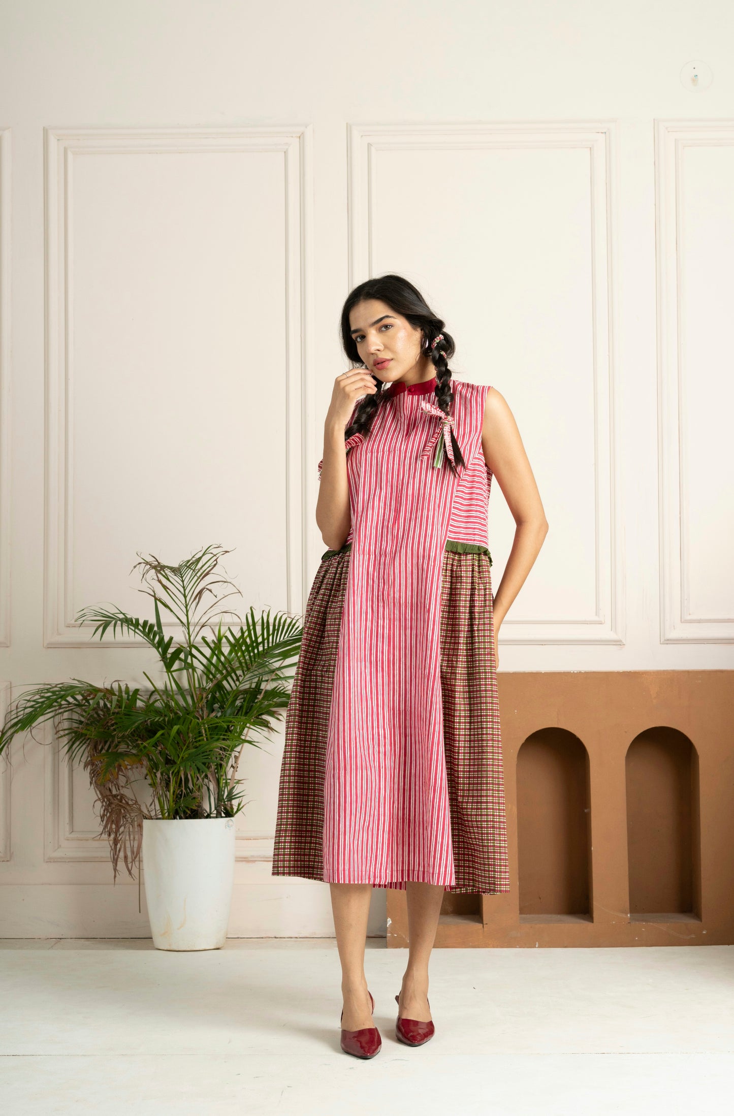 Pink Striped Checkered Panelled Hand Block Printed Dress