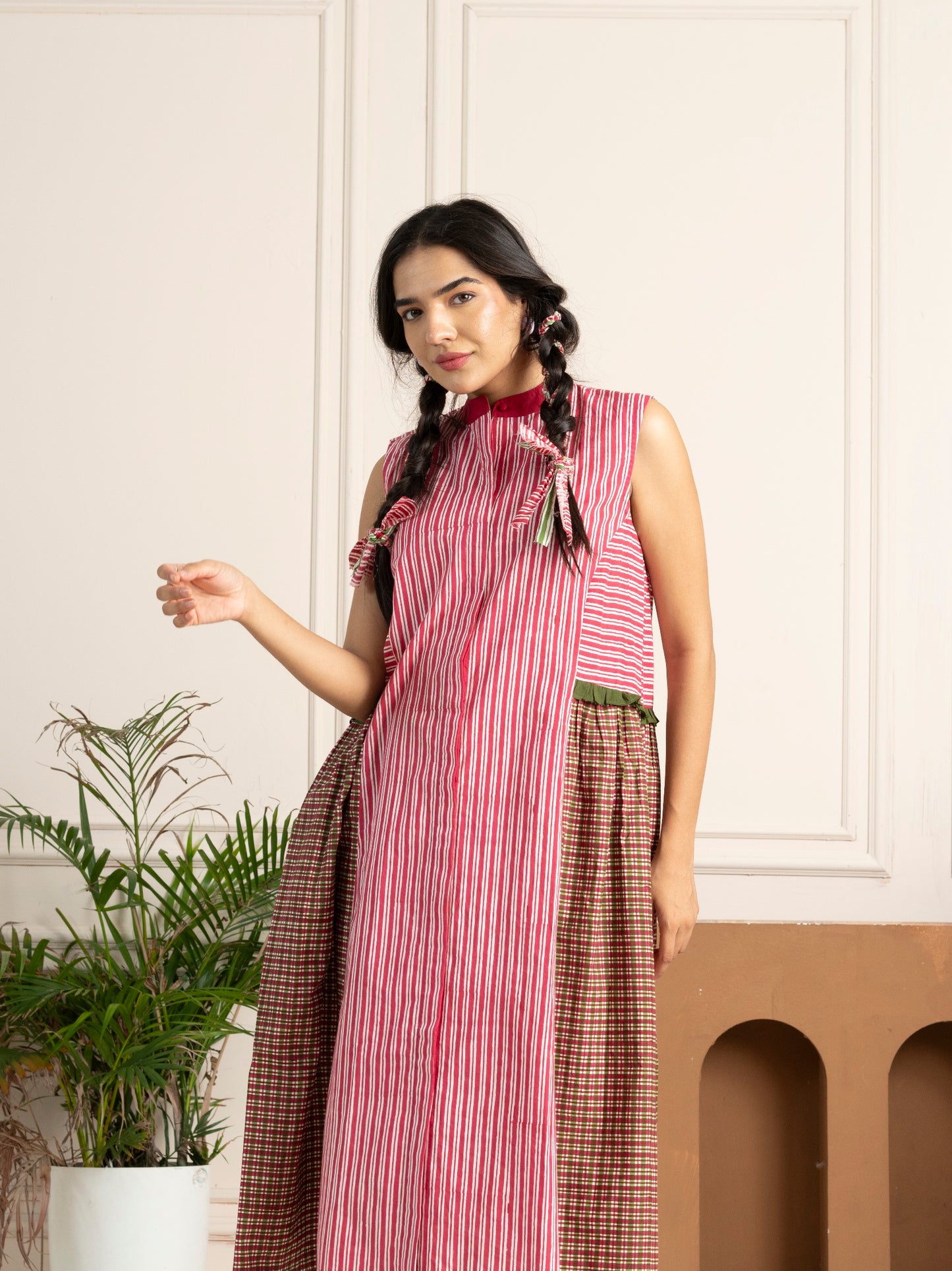 Pink Striped Checkered Panelled Hand Block Printed Dress