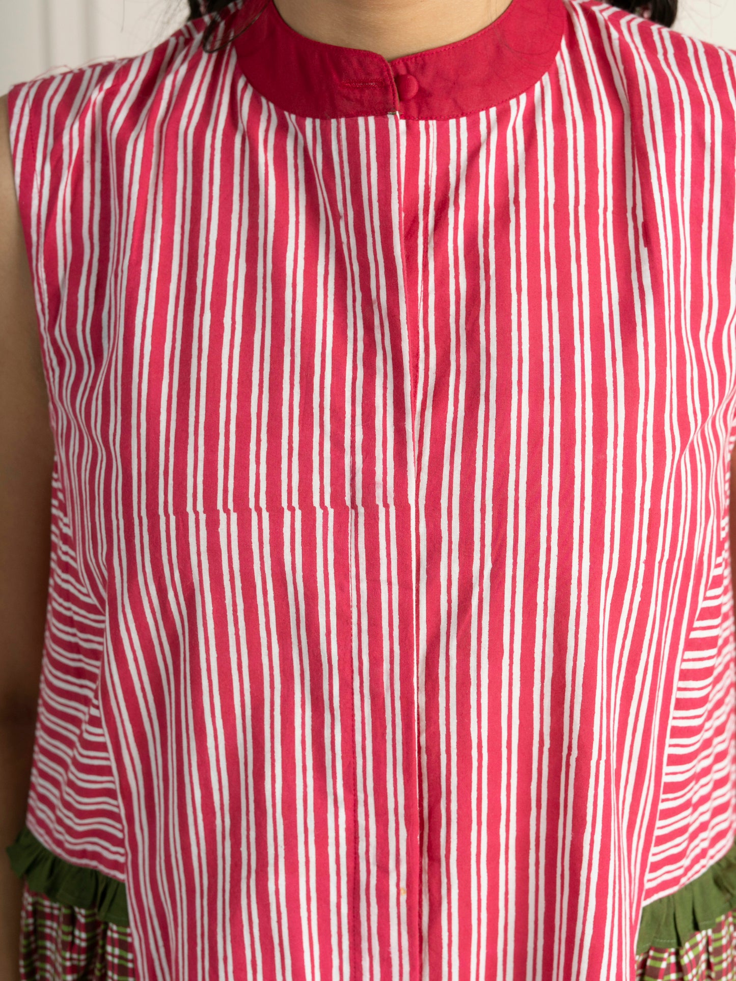 Pink Striped Checkered Panelled Hand Block Printed Dress