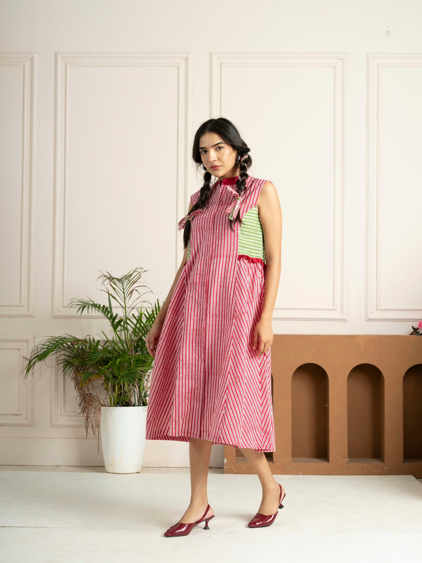 Hand Block-printed Pink & Green Stripes Panelled Dress
