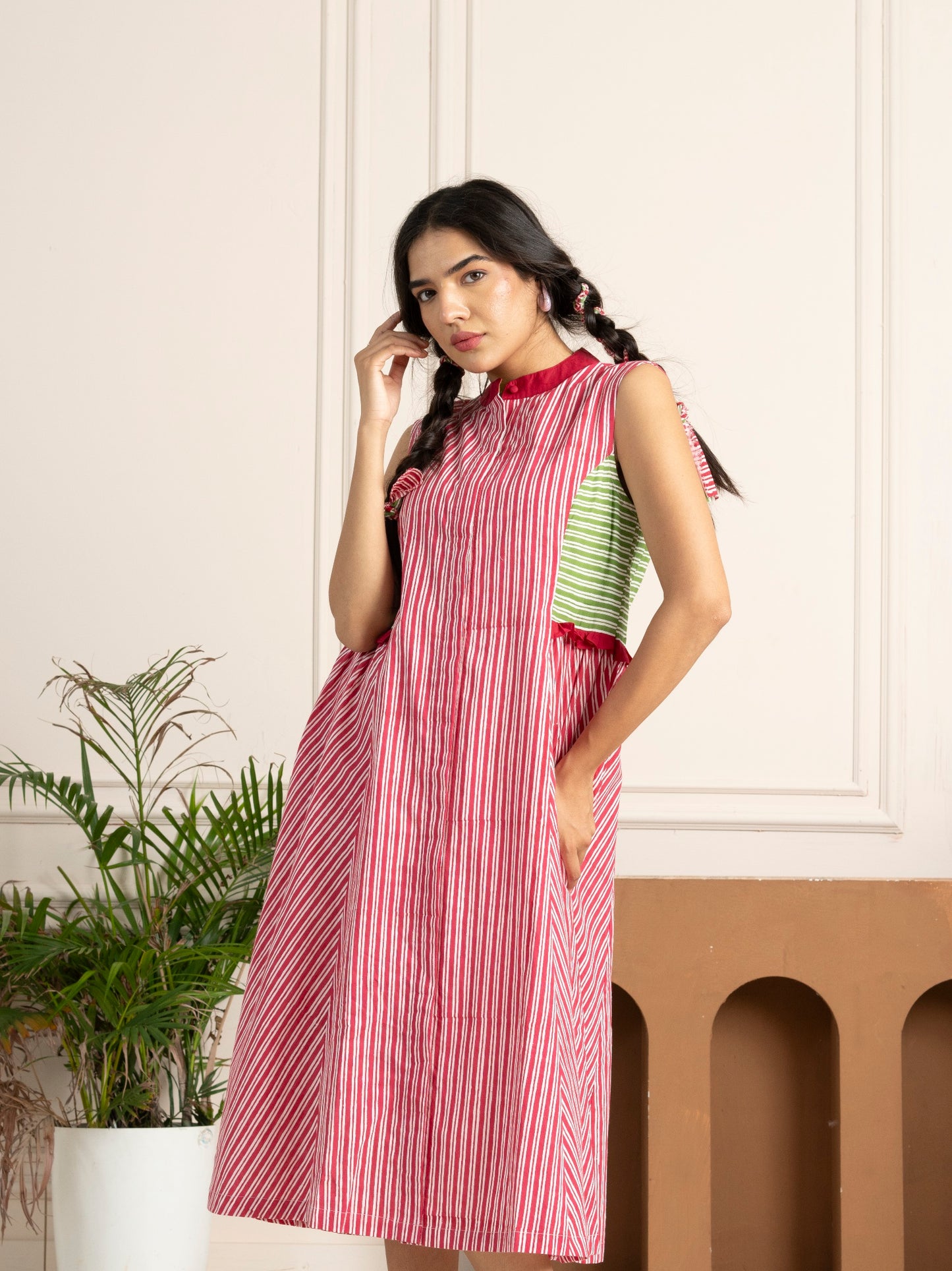 Hand Block-printed Pink & Green Stripes Panelled Dress