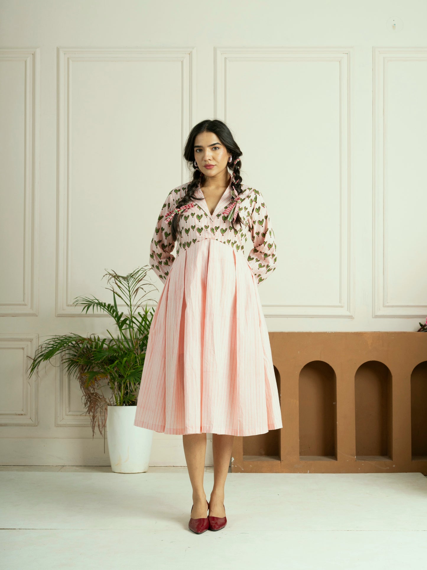 Block Printed Green Hearts Box Pleated Dress