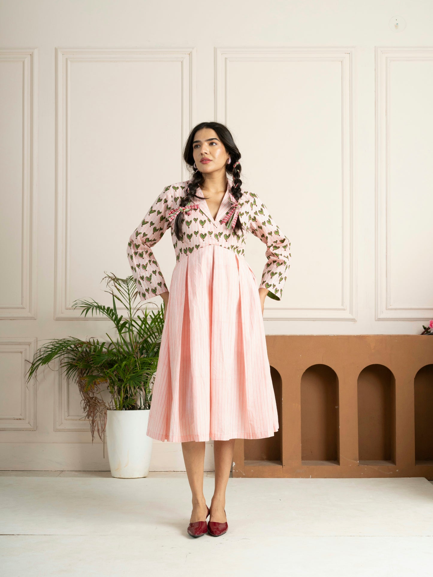 Block Printed Green Hearts Box Pleated Dress