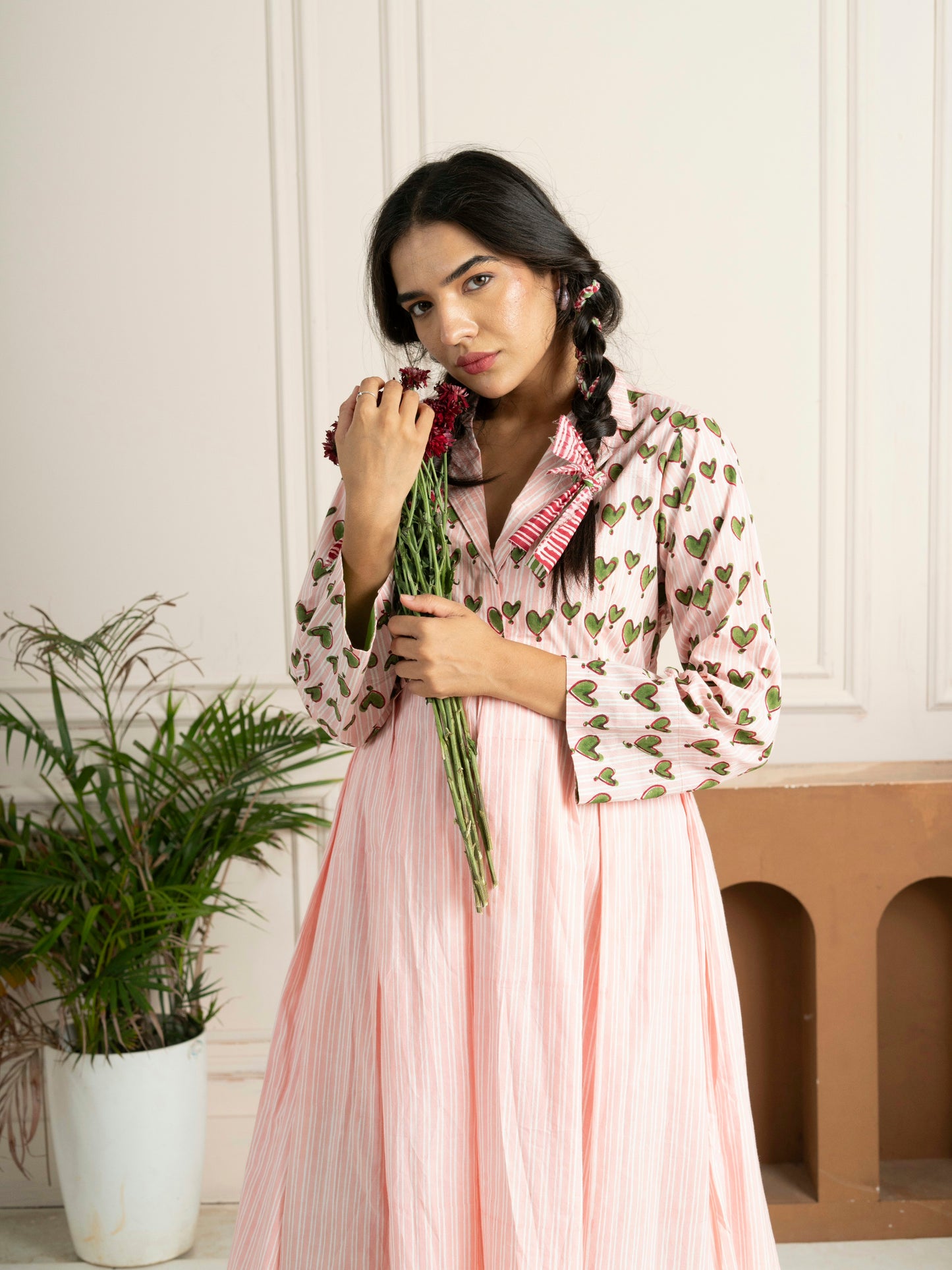 Block Printed Green Hearts Box Pleated Dress