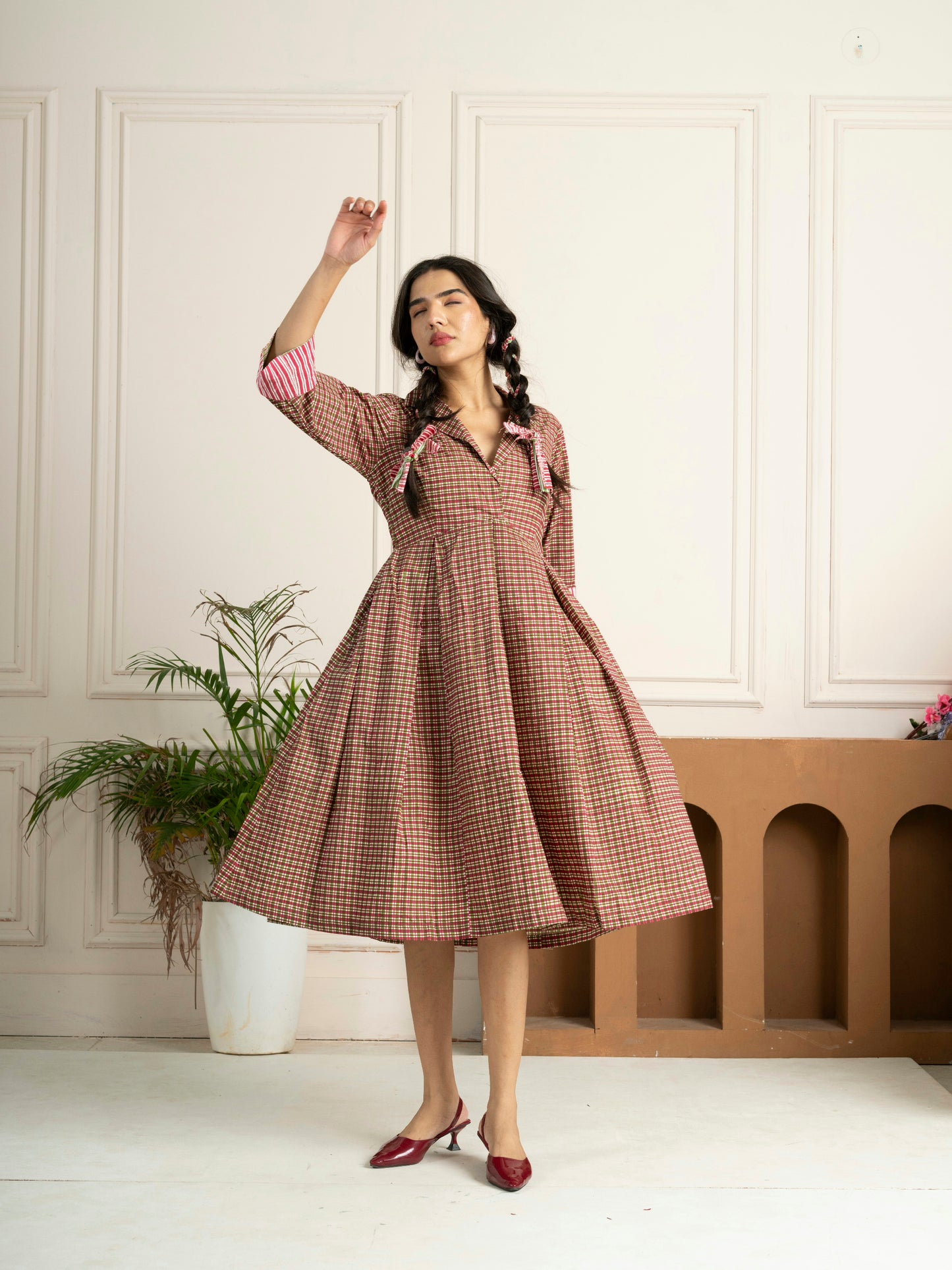 Meadow Check Pleated Midi Dress